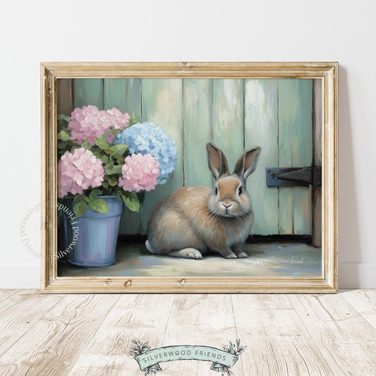 Charming rabbit print wall art for living area — infused with cozy warmth, showcasing hydrangeas and a soft earthy backdrop