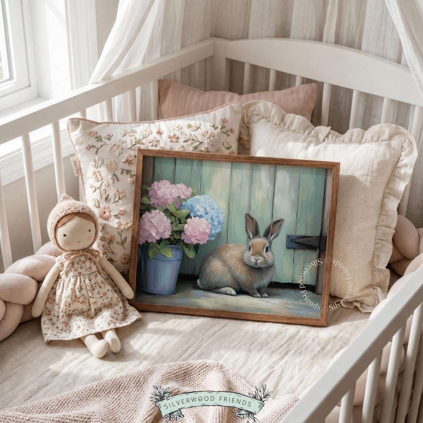 Sweet and realistic bunny digital art for family spaces — cozy cottage vibe with soft floral elements and rustic charm