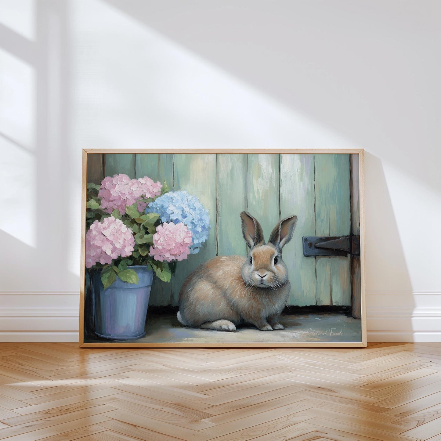 Sweet rabbit artwork poster for farmhouse kitchen — featuring soft hydrangeas and a warm, inviting color palette for cozy decor