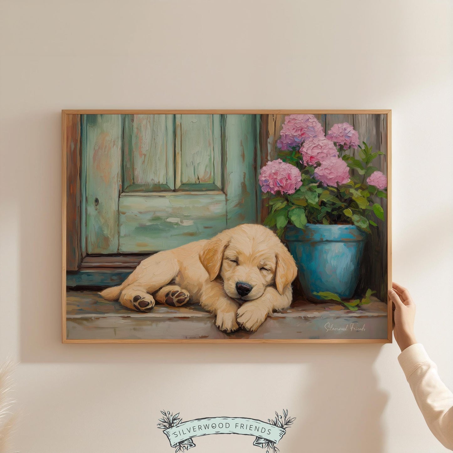 Cozy puppy oil painting for home office — serene imagery of a curled-up dog brings peaceful energy to your workspace.