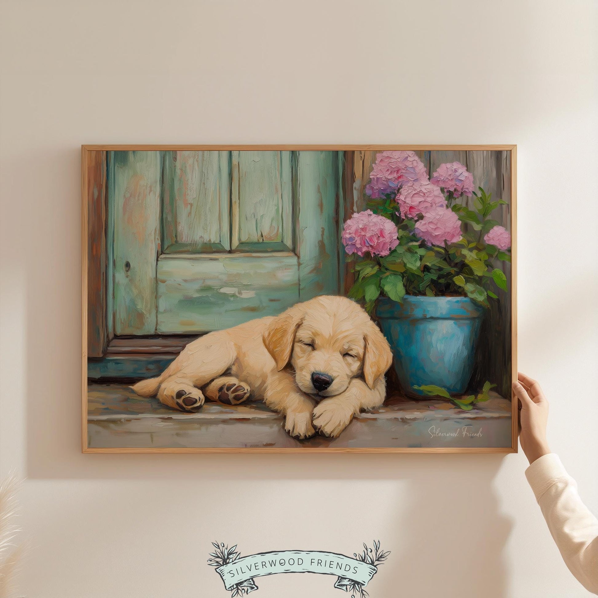 Cozy puppy oil painting for home office — serene imagery of a curled-up dog brings peaceful energy to your workspace.