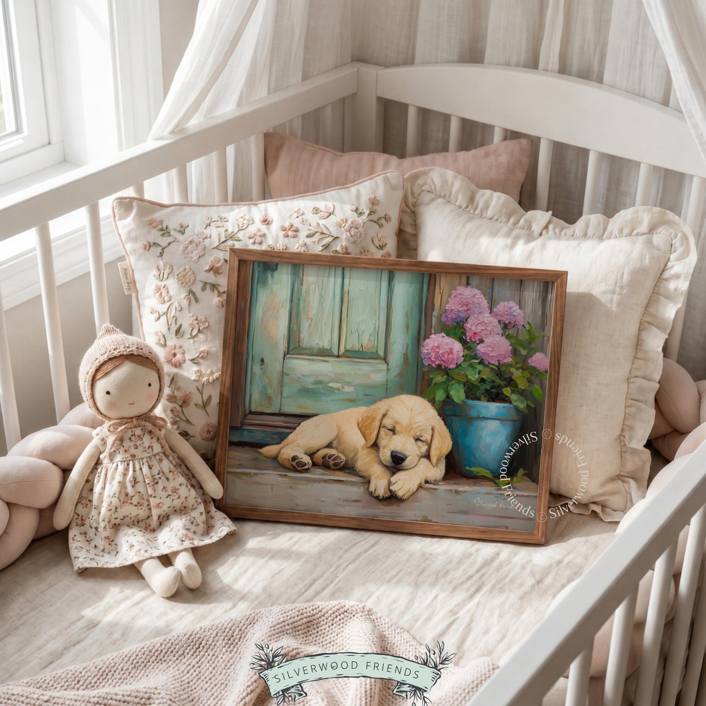 Realistic golden retriever art print for bedroom decor — warm neutrals and soft colors create a serene, rustic vibe.