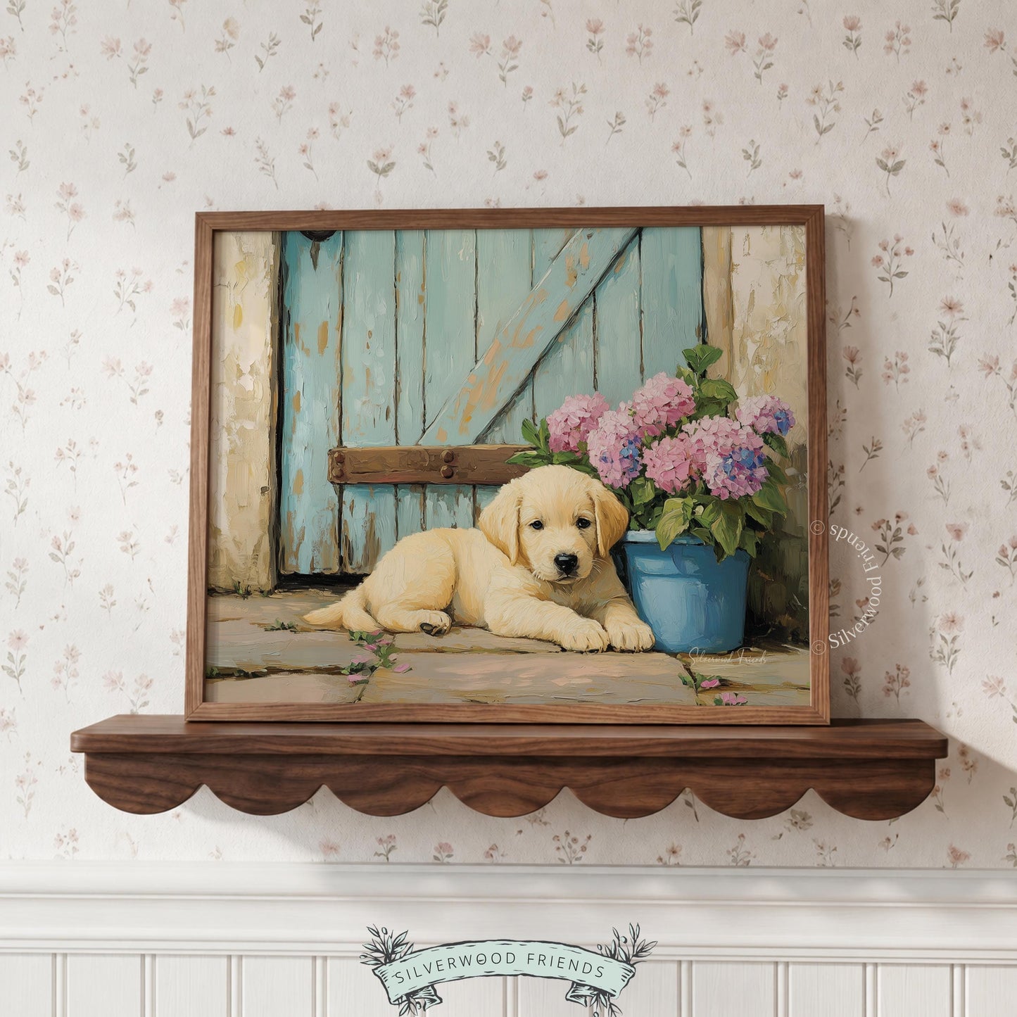 Cozy puppy oil painting for family room — inviting artwork featuring a golden Labrador surrounded by floral accents.