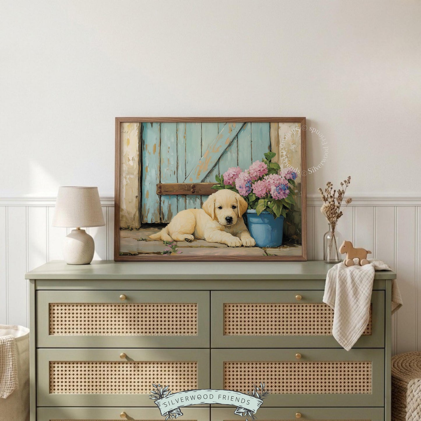 Sweet dog portrait digital print for farmhouse décor — cozy illustration of a puppy surrounded by a vintage door and flowers.