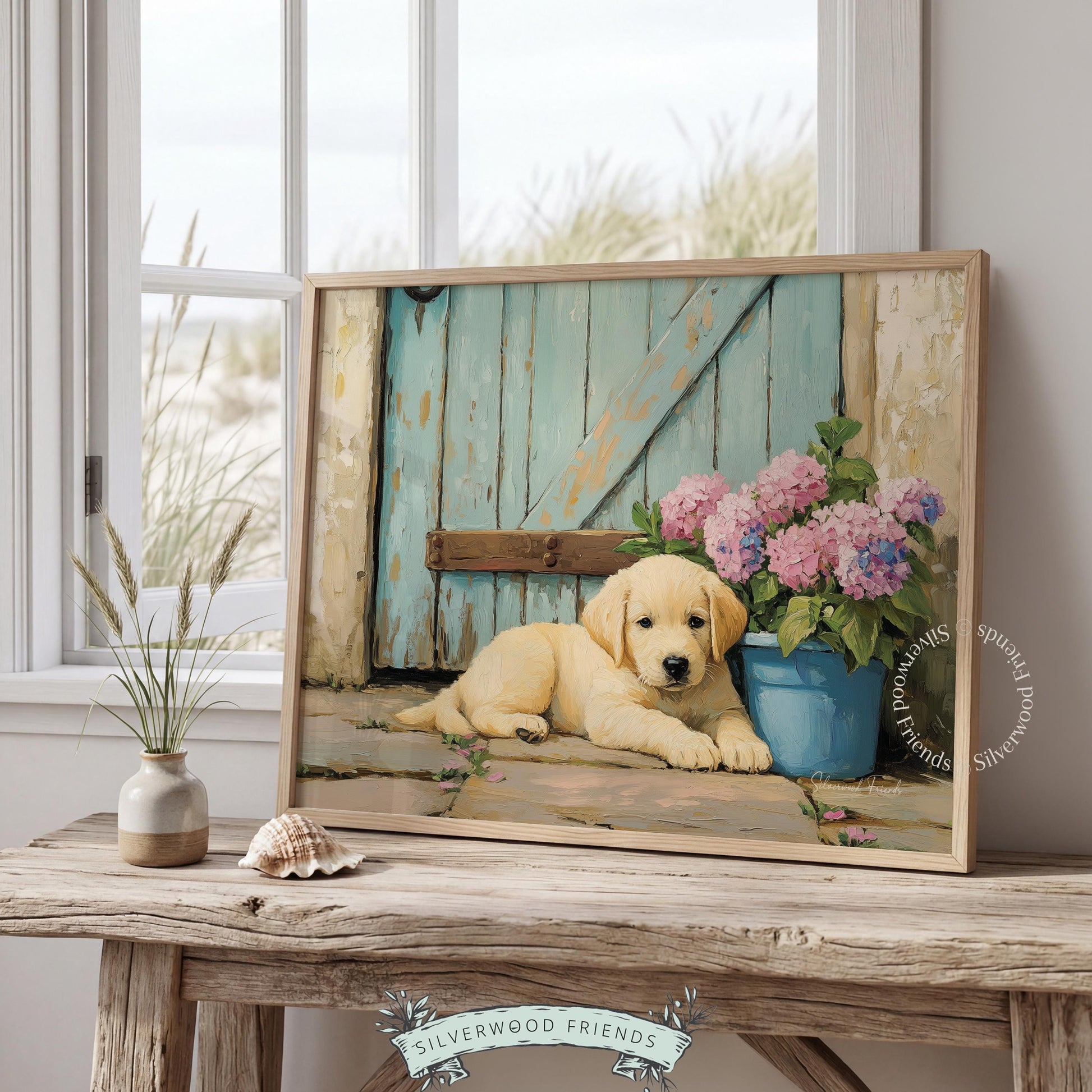 Relaxed Labrador puppy artwork for cottage décor — beautifully crafted piece with a serene vibe and lush colors.