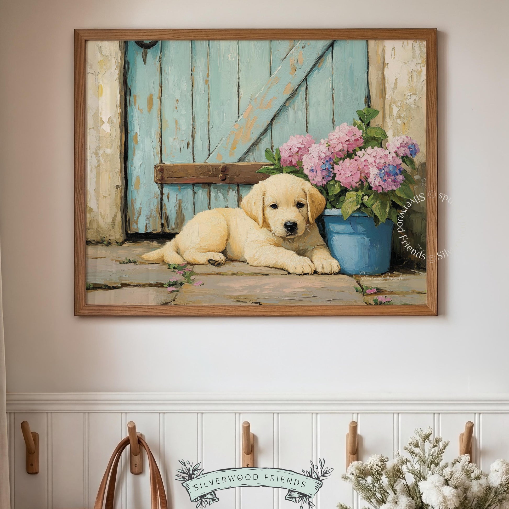 Relaxed puppy digital print for nursery — cute artwork showcasing a Labrador on a pastel doorstep with hydrangeas.