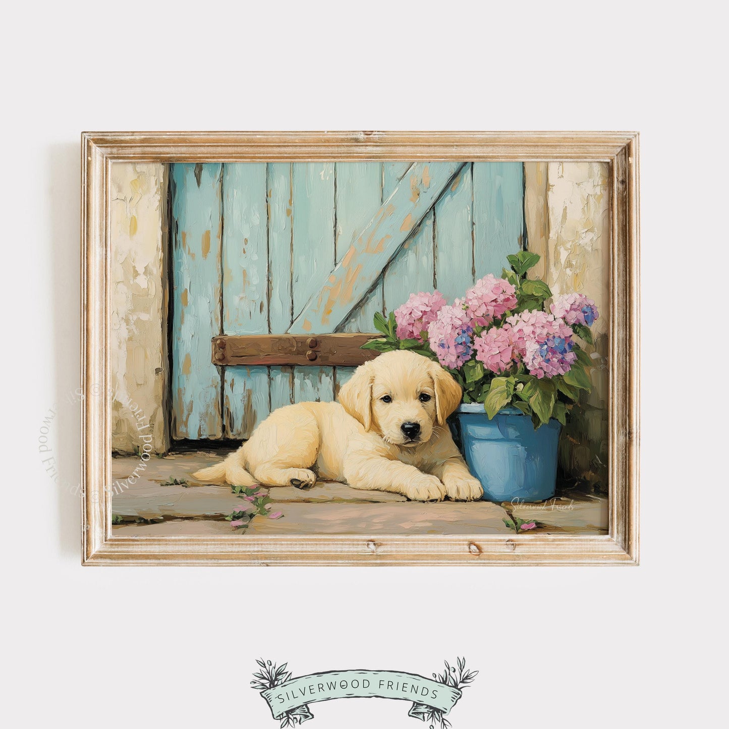 Sweet Labrador wall art for kids' room — nostalgic painting showcasing a cozy puppy with soft pastel aesthetics.