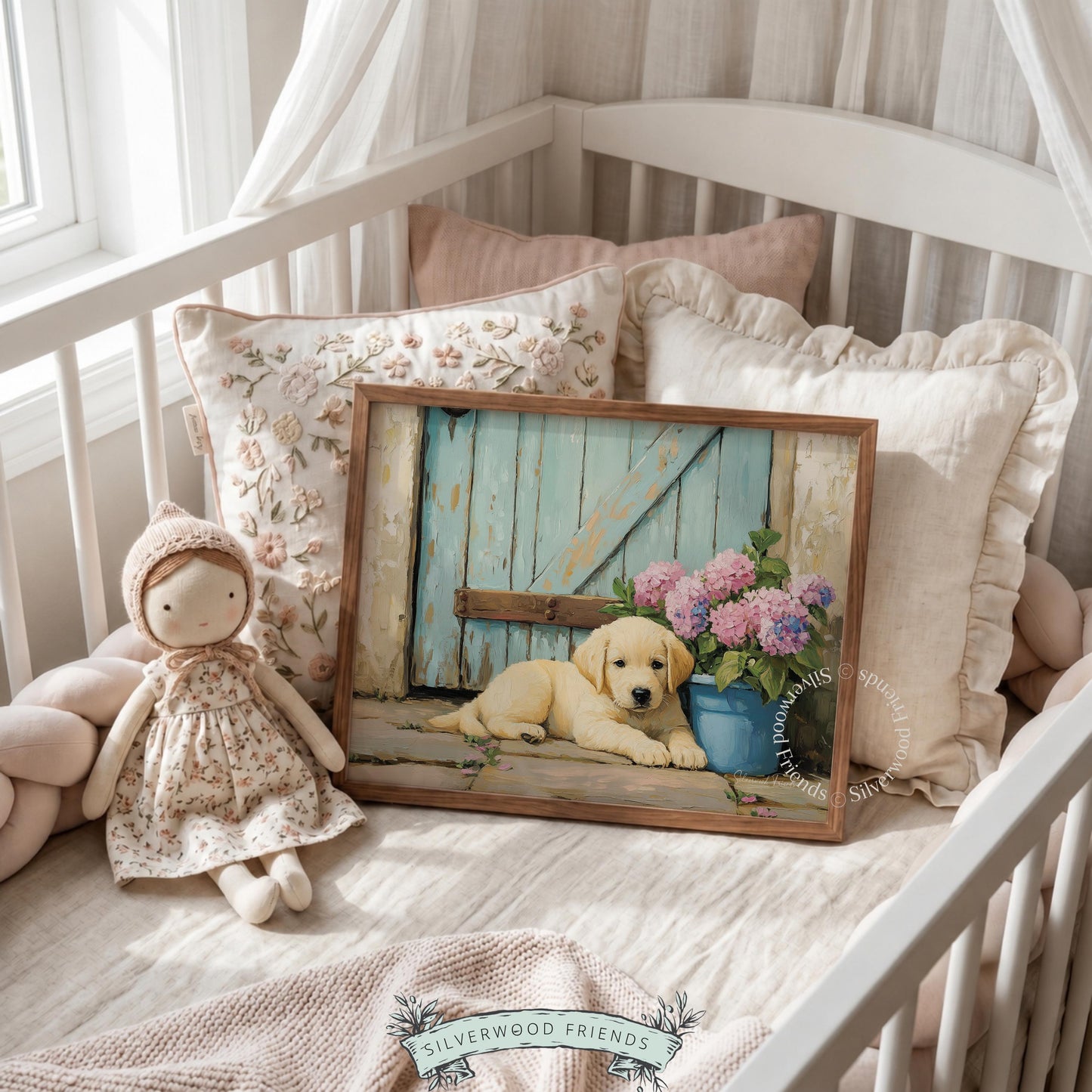 Endearing dog painting for kitchen — lovely artwork of a yellow Labrador embodying rustic cottagecore charm and warmth.