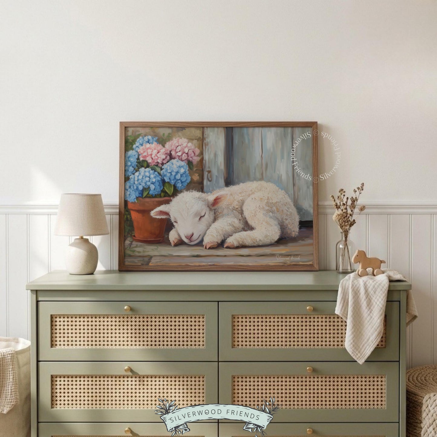 Lamb sitting cozy wall decor for living area — delightful painting showcasing a restful sheep paired with blooming hydrangeas for a pastoral feel.