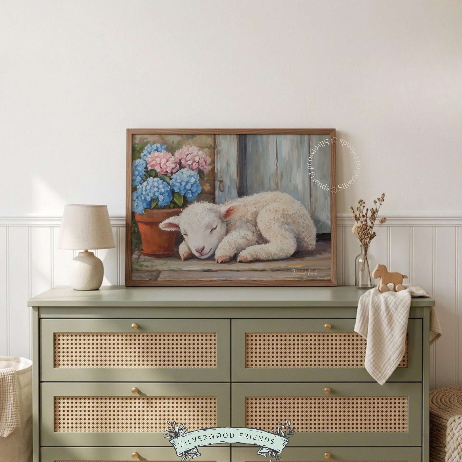 Lamb sitting cozy wall decor for living area — delightful painting showcasing a restful sheep paired with blooming hydrangeas for a pastoral feel.