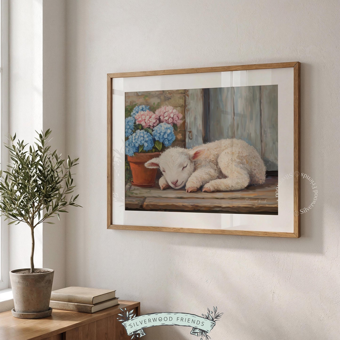 Sleepy lamb painting wall art for nursery — adorable fleece-coated sheep exudes a cozy, peaceful vibe among colorful hydrangeas.