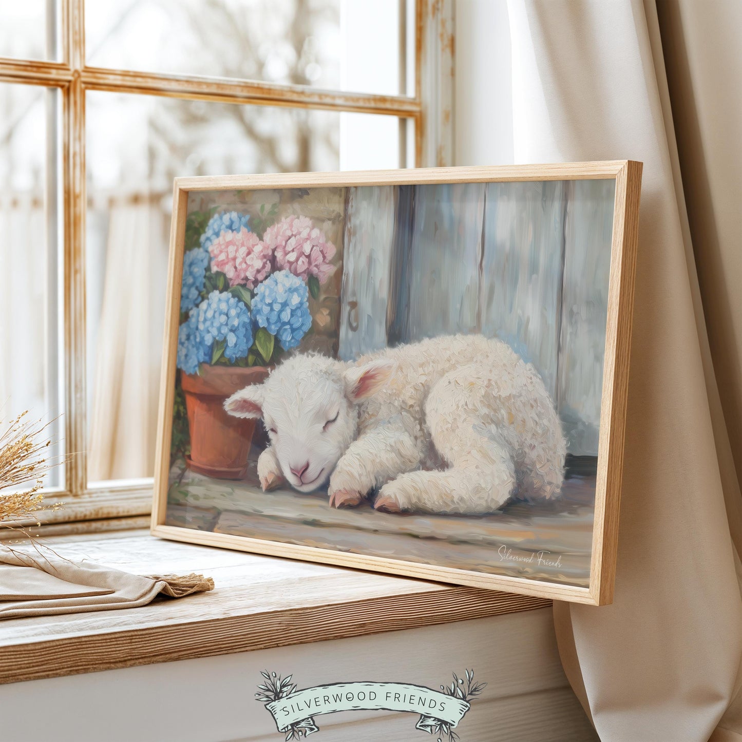 Curled-up lamb poster for child's room — charming artwork featuring soothing pastels and a tranquil country charm.
