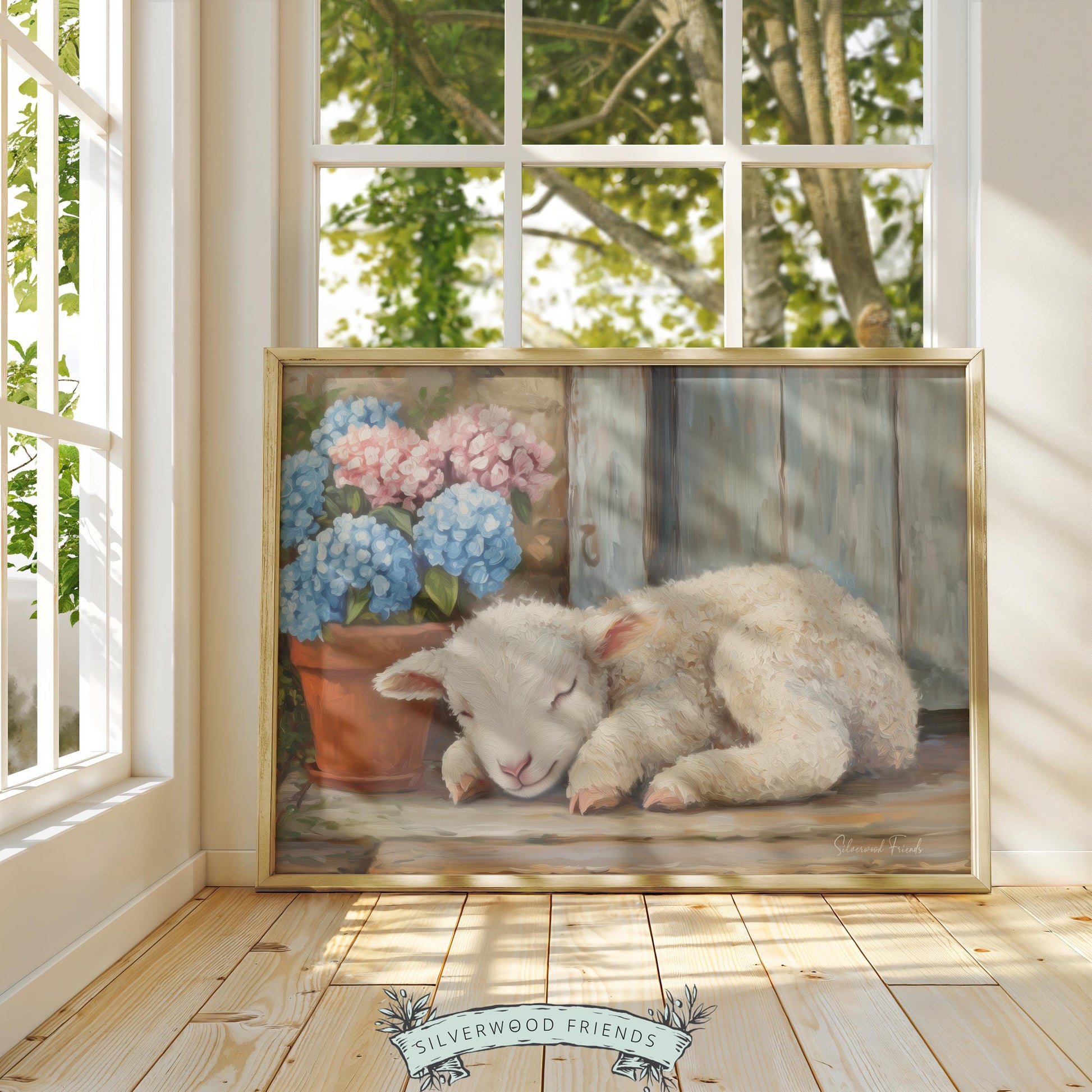 Cozy lamb picture printable art for spring nursery — features a delightful lamb and charming florals for a whimsical touch.