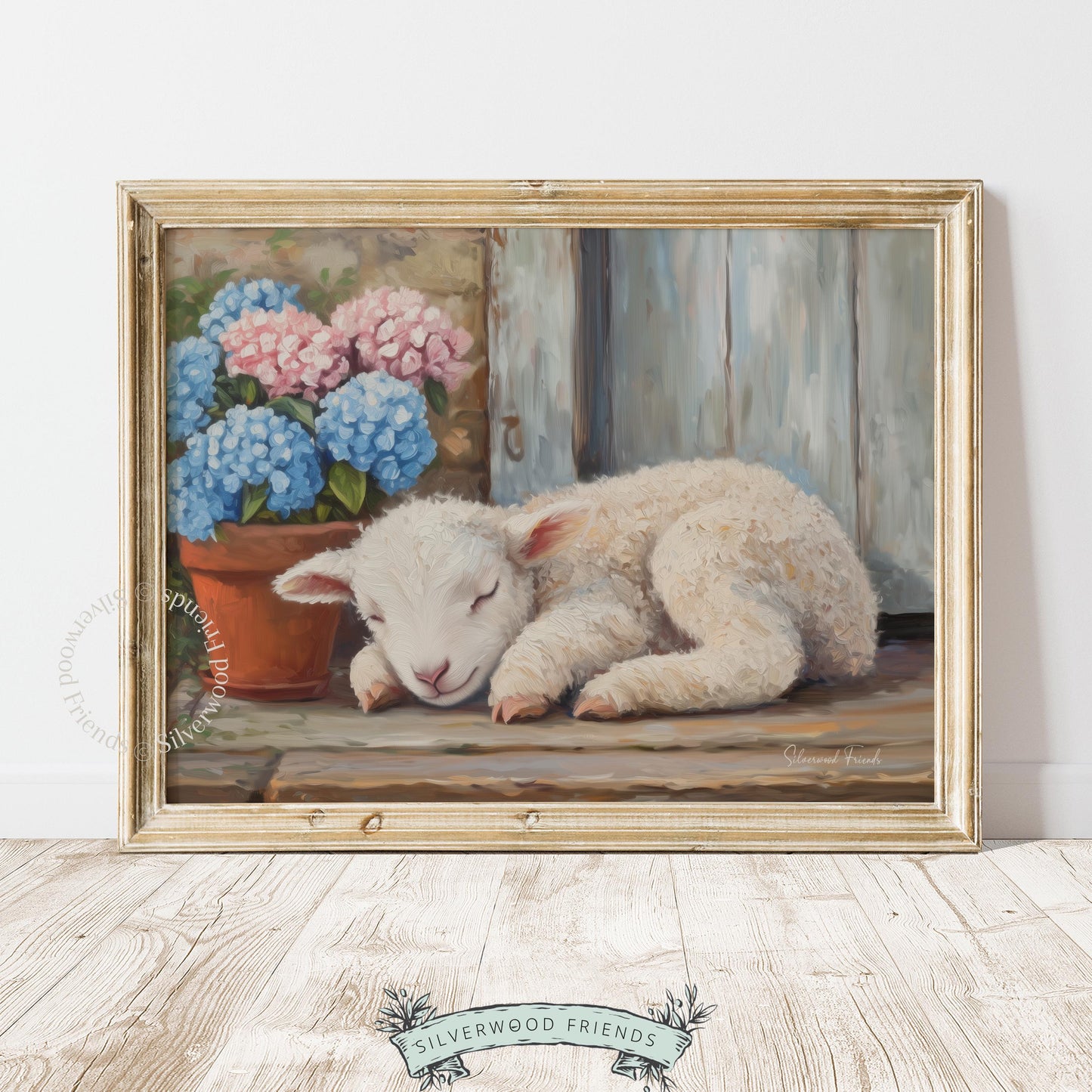 Lamb resting wall decor for baby shower gift — sweet portrayal of a peaceful sheep that brings warmth and tranquility to any room.