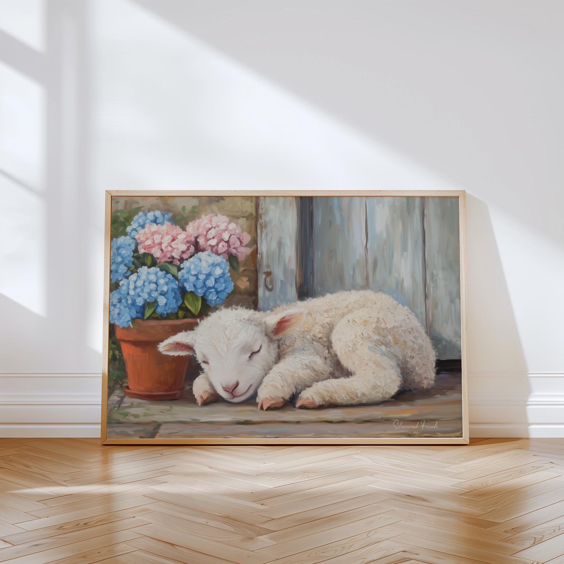 Sleepy fleece-coated lamb digital download for farmhouse decor — charming artwork filled with soft pastels and rural charm.