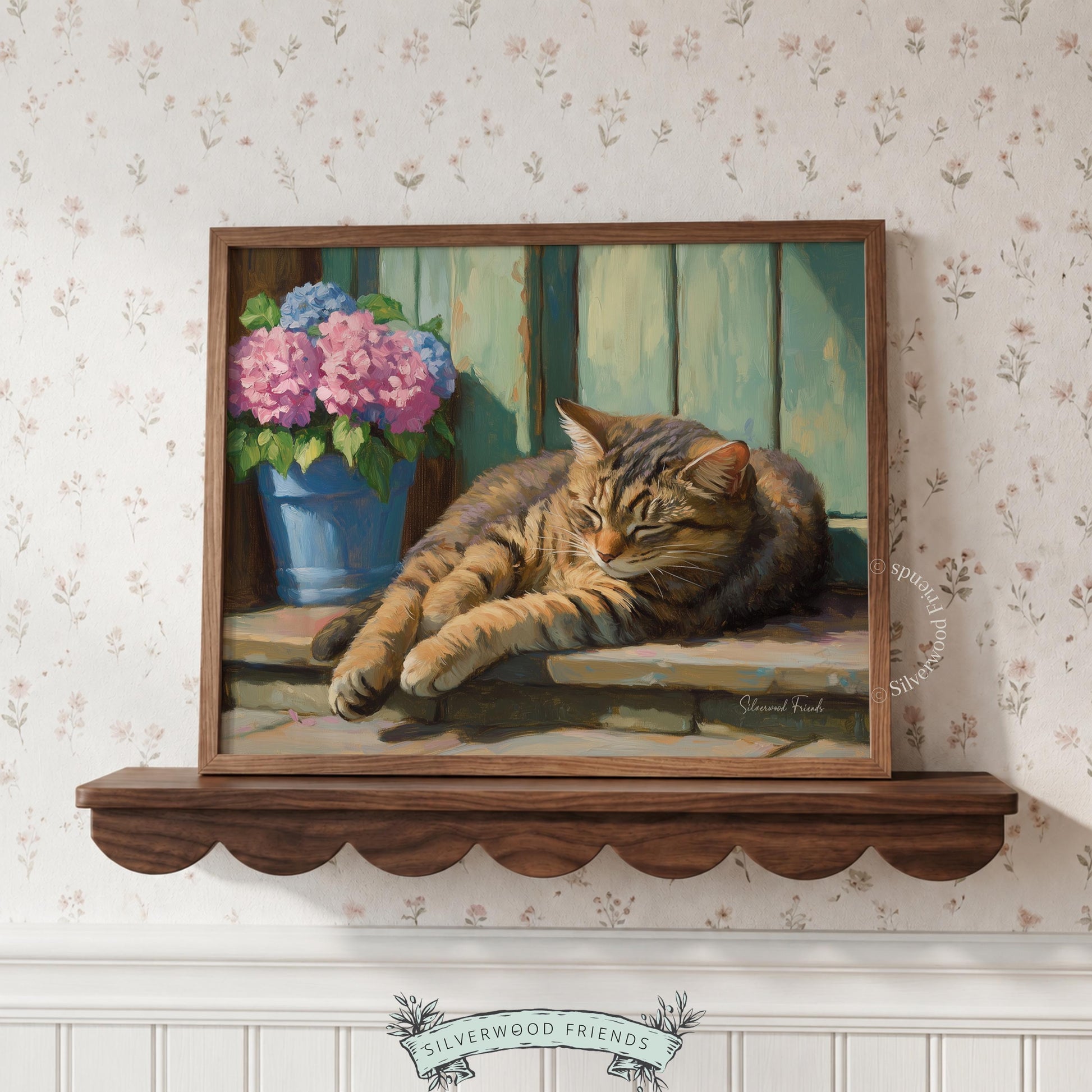Resting tabby cat picture for playroom — delightful artwork radiating calmness, rustic features, and soft florals.