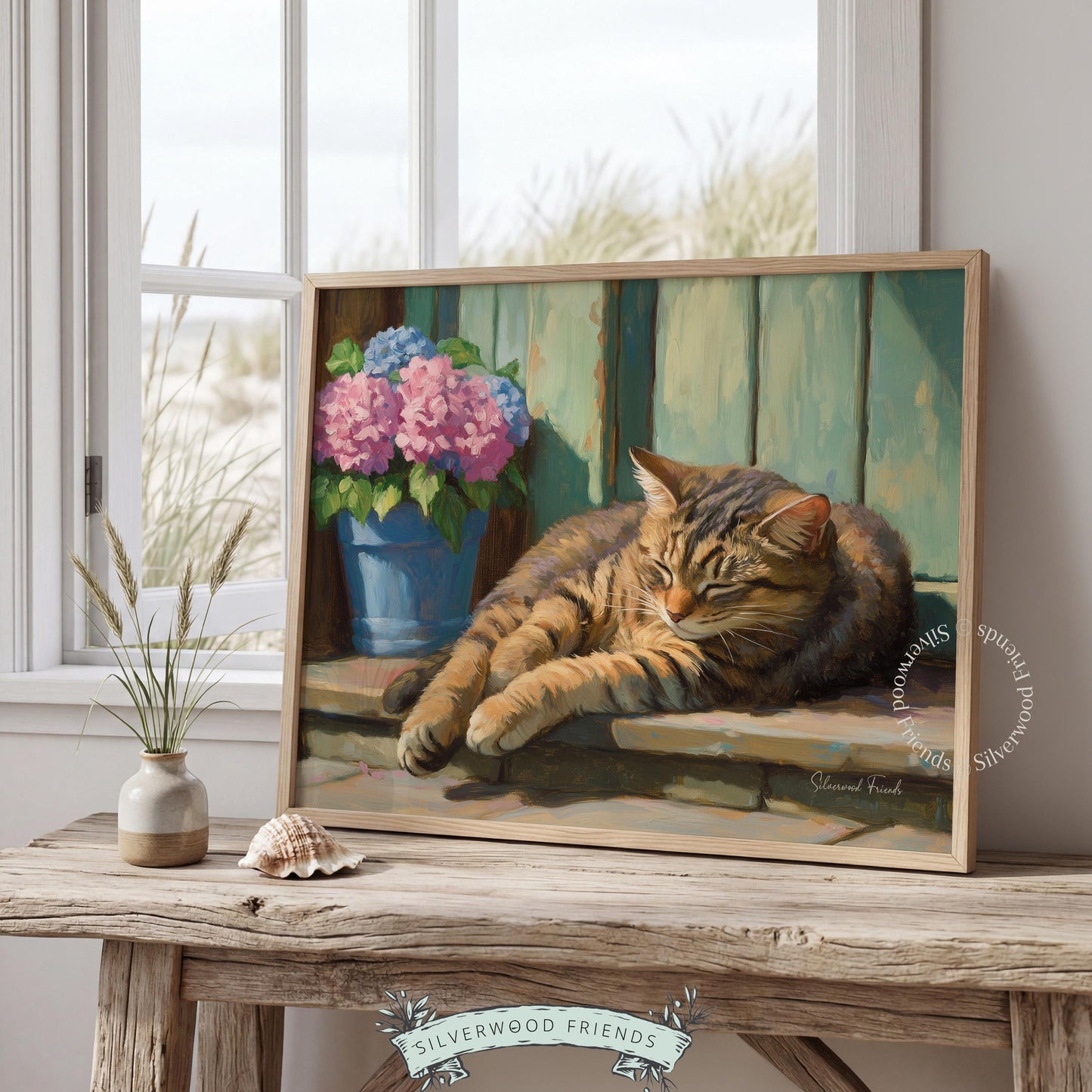 Sleeping tabby cat poster for entryway — tranquil scene showcasing soft brushwork and a relaxed cottagecore atmosphere.