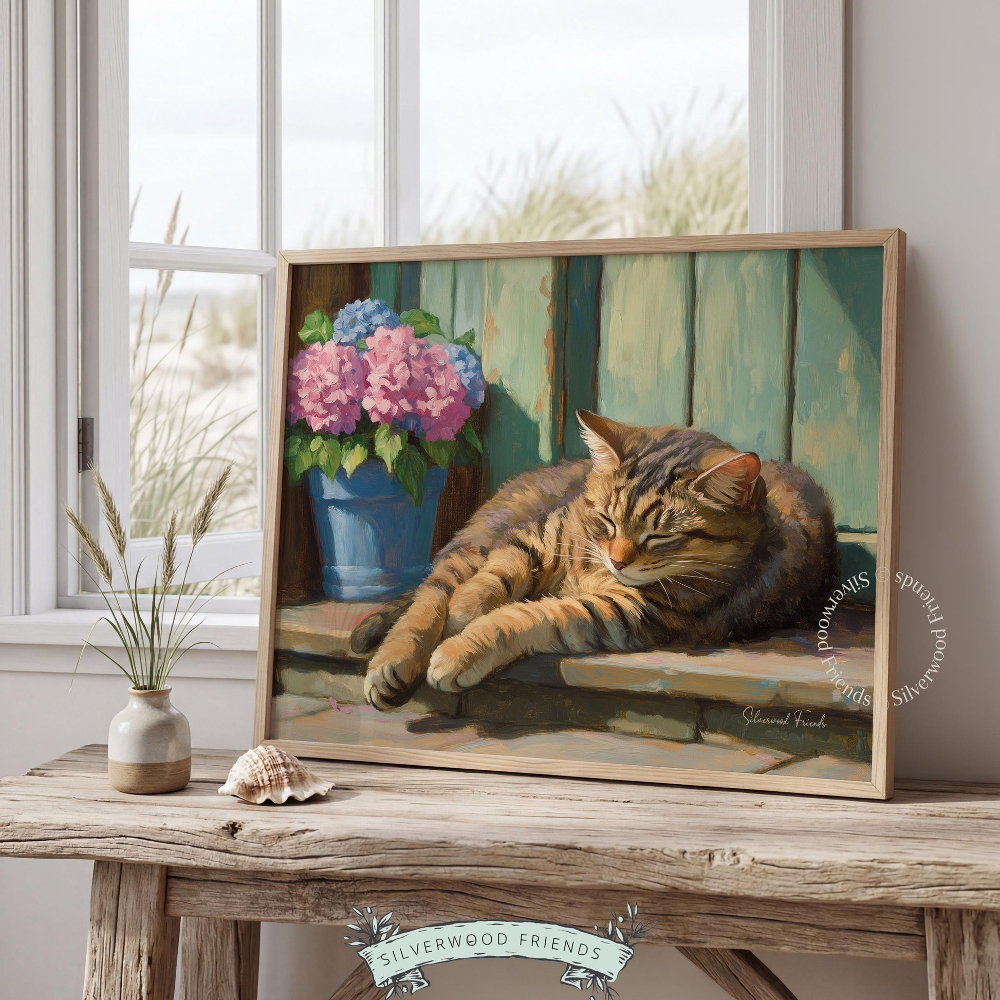 Sleeping tabby cat poster for entryway — tranquil scene showcasing soft brushwork and a relaxed cottagecore atmosphere.