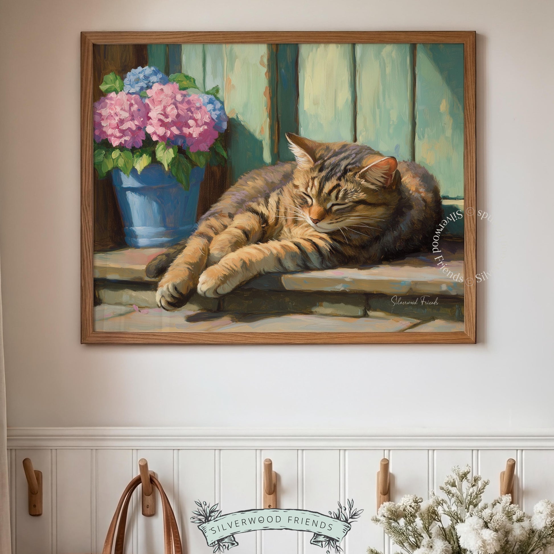 Cat lounging wall art for family room — painted scene combining calm ambiance with vivid pastel floral tones.