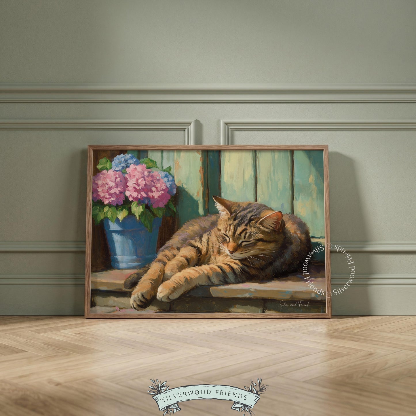 Cat stretched out artwork for bedroom — peaceful portrayal with natural lighting and charming garden elements.
