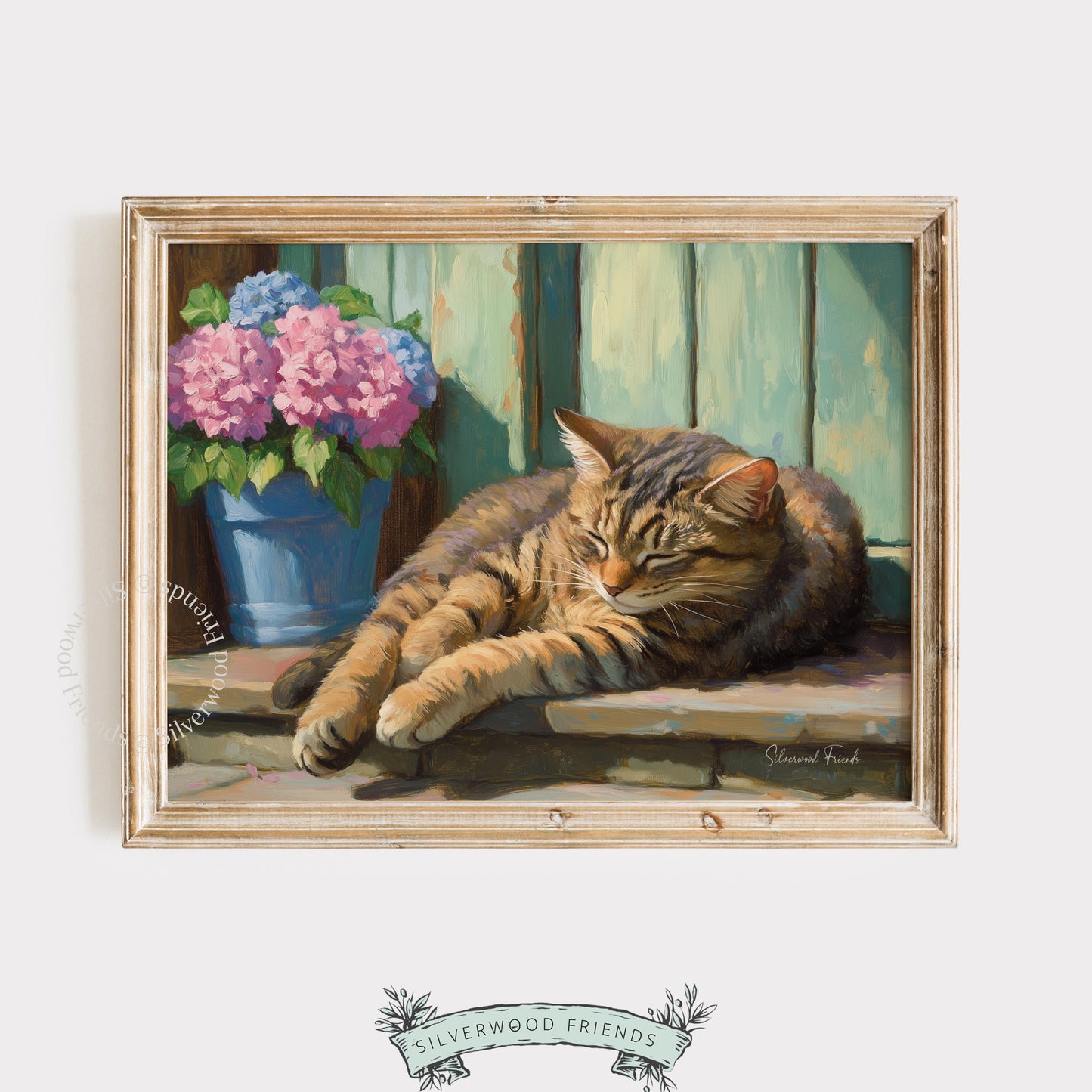 Relaxed cat painting for breakfast nook — serene portrayal infused with rustic elements and dainty blossoms.