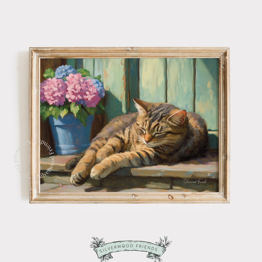 Relaxed cat painting for breakfast nook — serene portrayal infused with rustic elements and dainty blossoms.