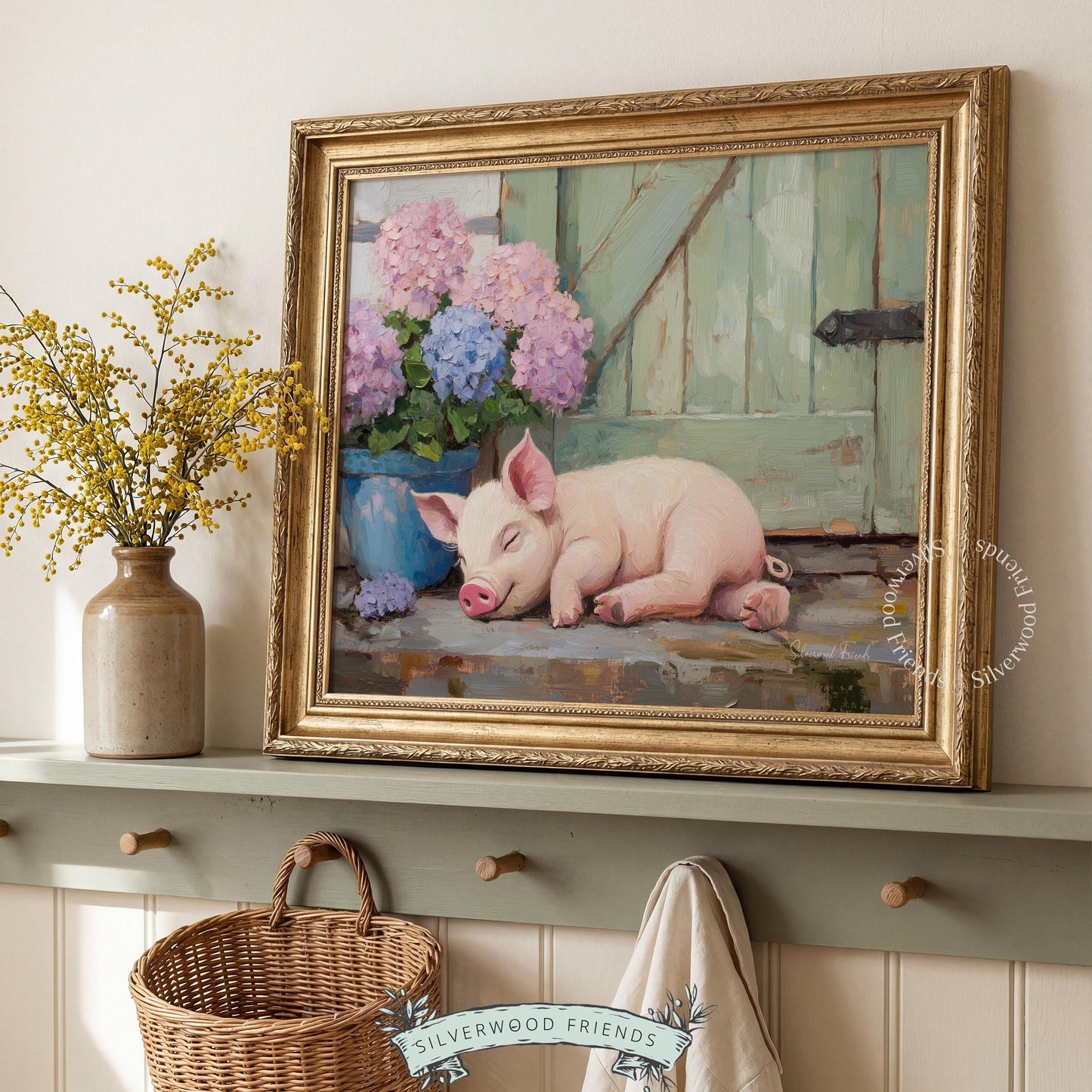 Peaceful pig poster for entryway — vintage-style artwork showcasing a curled-up piglet and blooming hydrangeas
