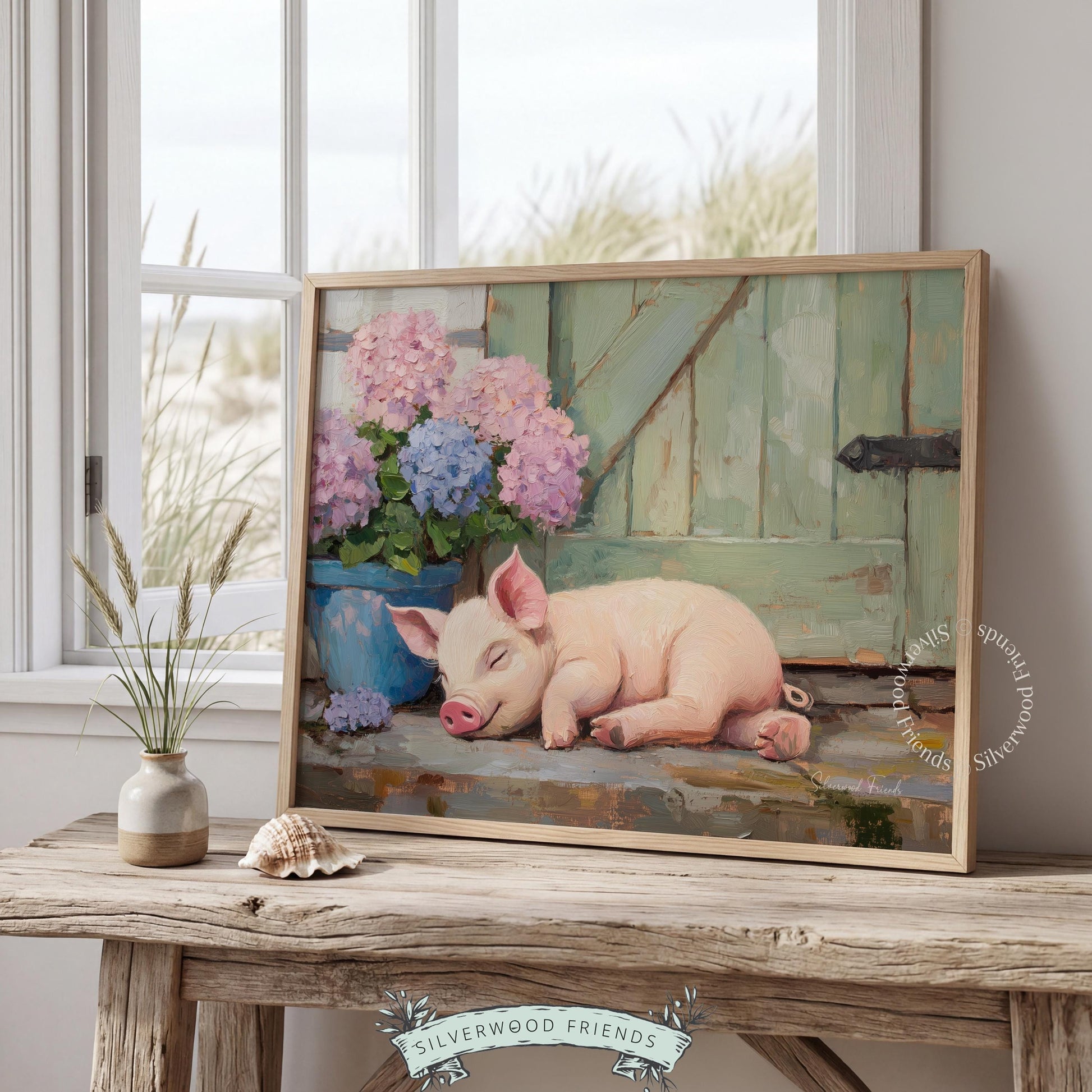 Cozy pink piglet artwork for nursery — charming wall art with a peaceful mood and rustic touches