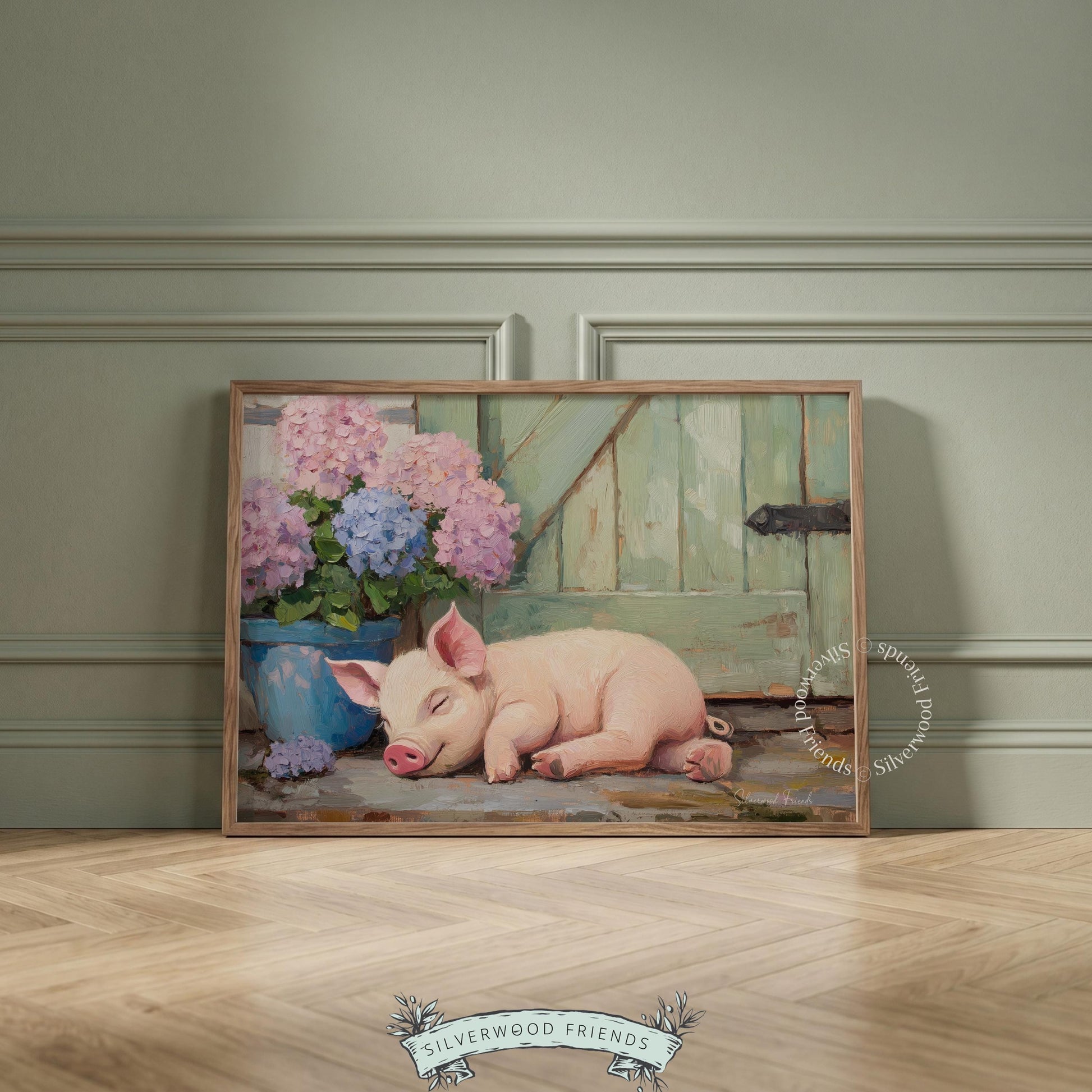 Sleepy pig painting digital download for child's room — cute countryside style with soft colors and a relaxed vibe