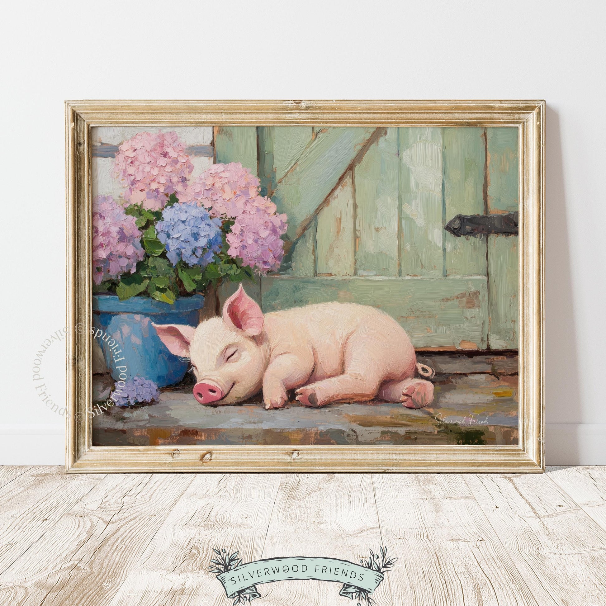 Cute pig artwork as digital print for hallway — soft, warm colors that invite a cozy, rustic feel into your space
