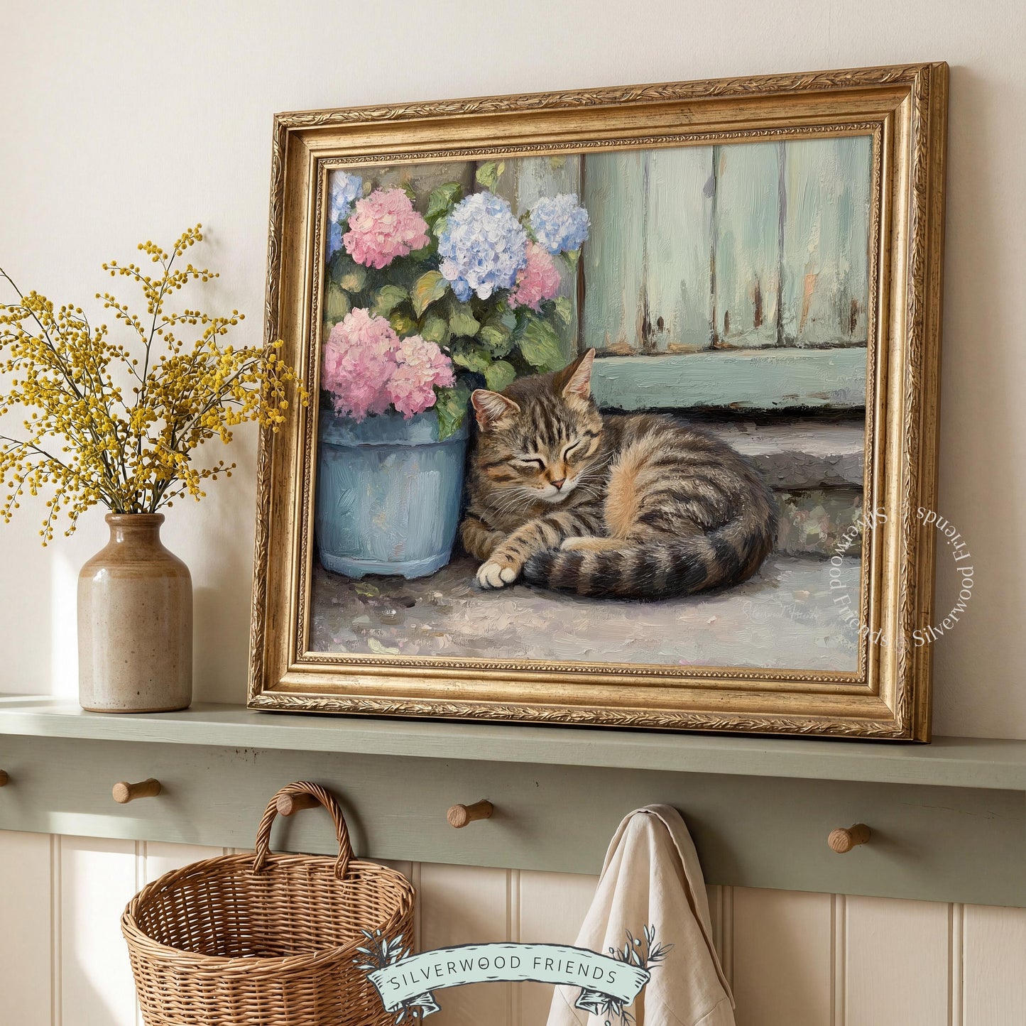 Relaxed tabby cat painting wall art for living room — charming and cozy country style with soft hues and rustic touches