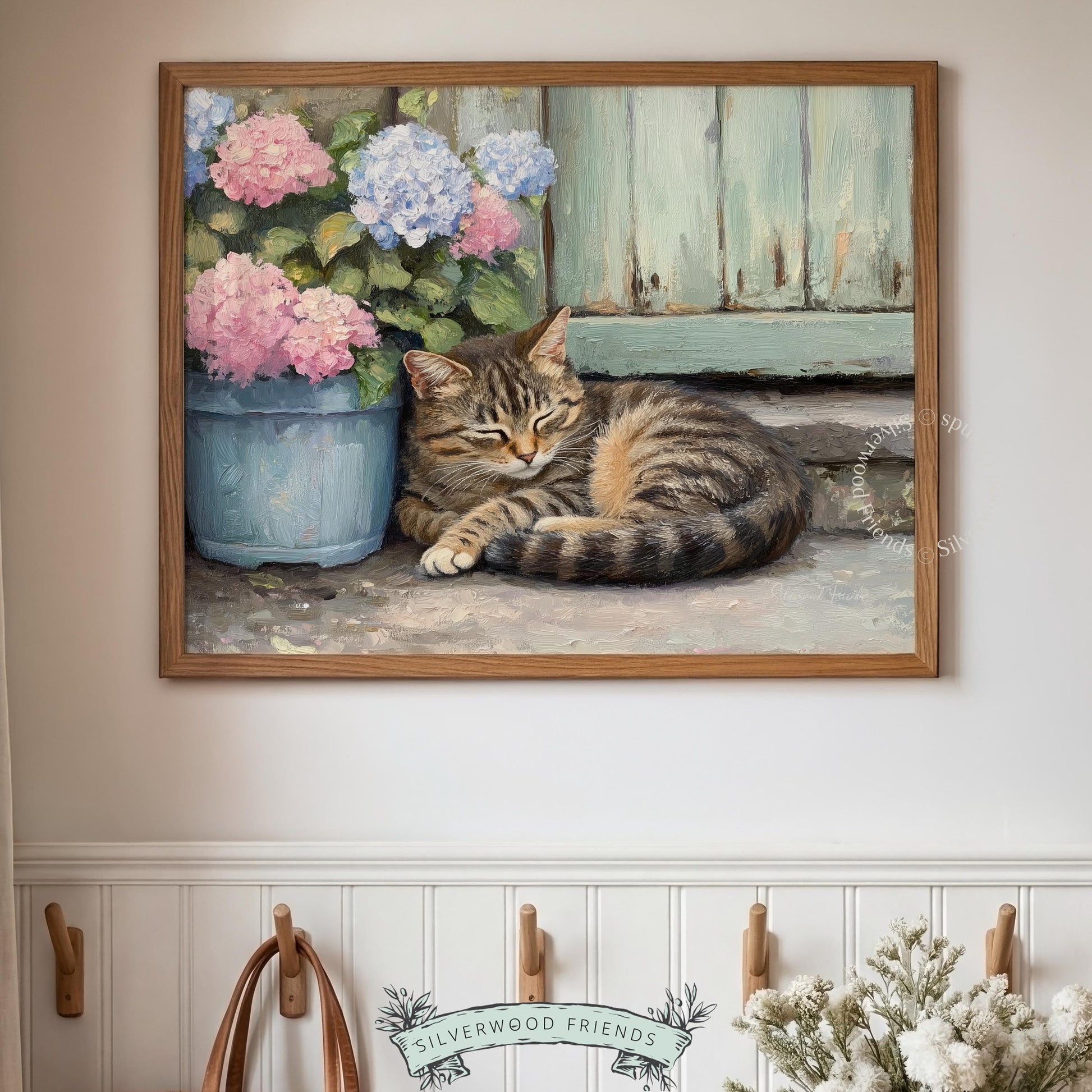 Tabby cat digital print for reading nook — vintage simplicity infused with floral accents and calming hues