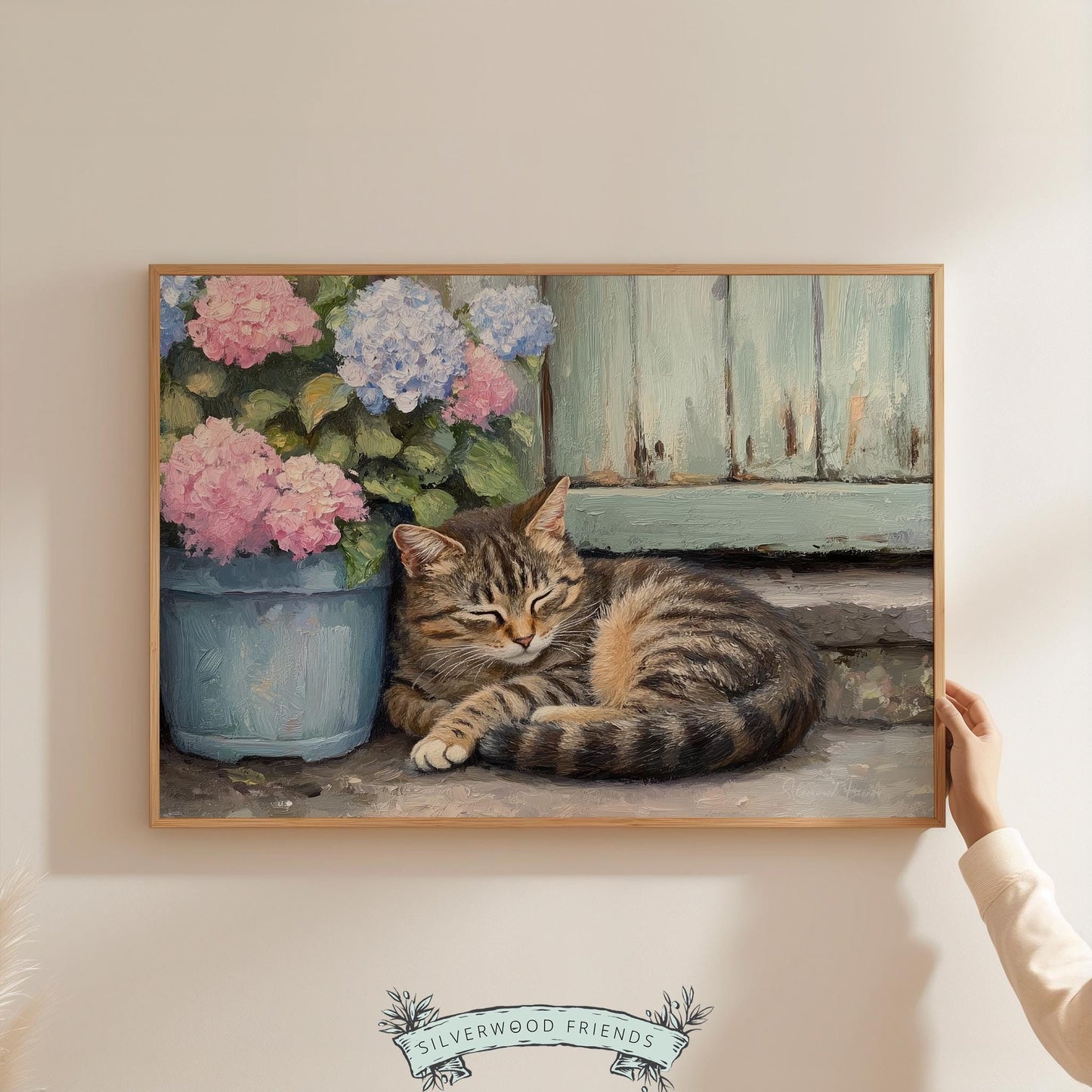 Resting tabby cat digital download for home office — relaxed cottagecore vibes with a refreshing color palette