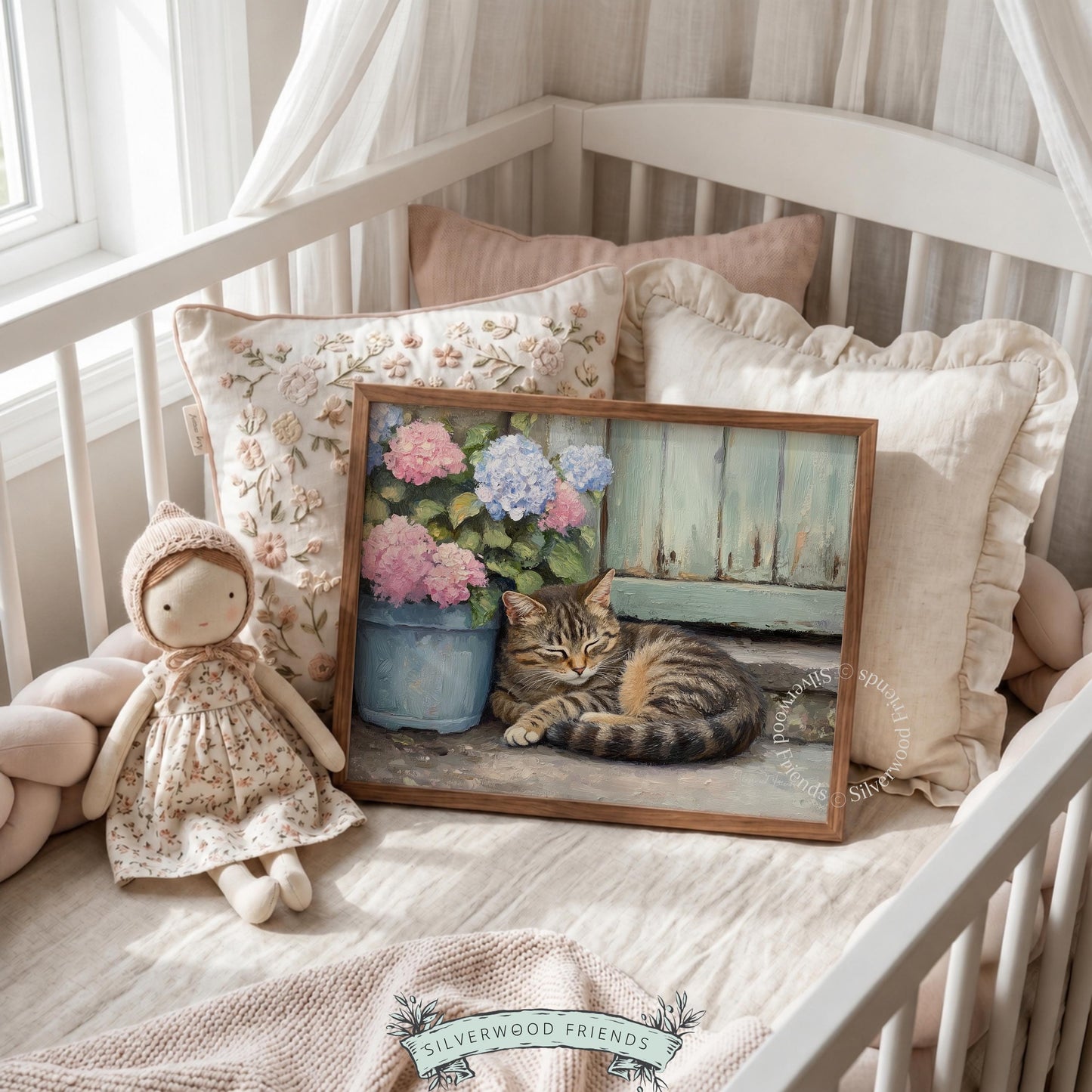 Tabby cat art for playroom — playful yet cozy theme highlighted by soft brushstrokes and charming flower arrangements