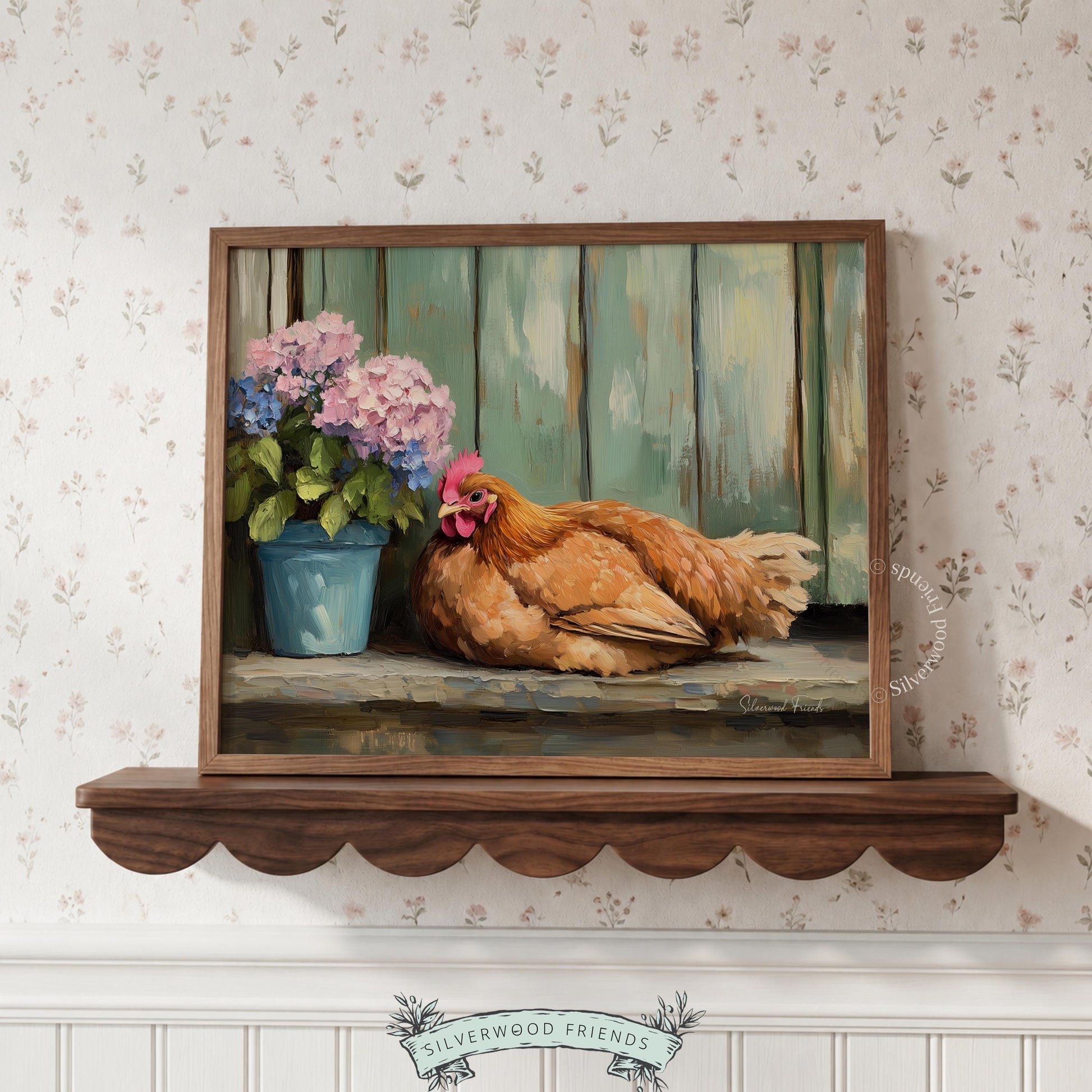 Farmhouse hen printable art for nursery — sweet, vintage-inspired image with a nested feel perfect for children's spaces.
