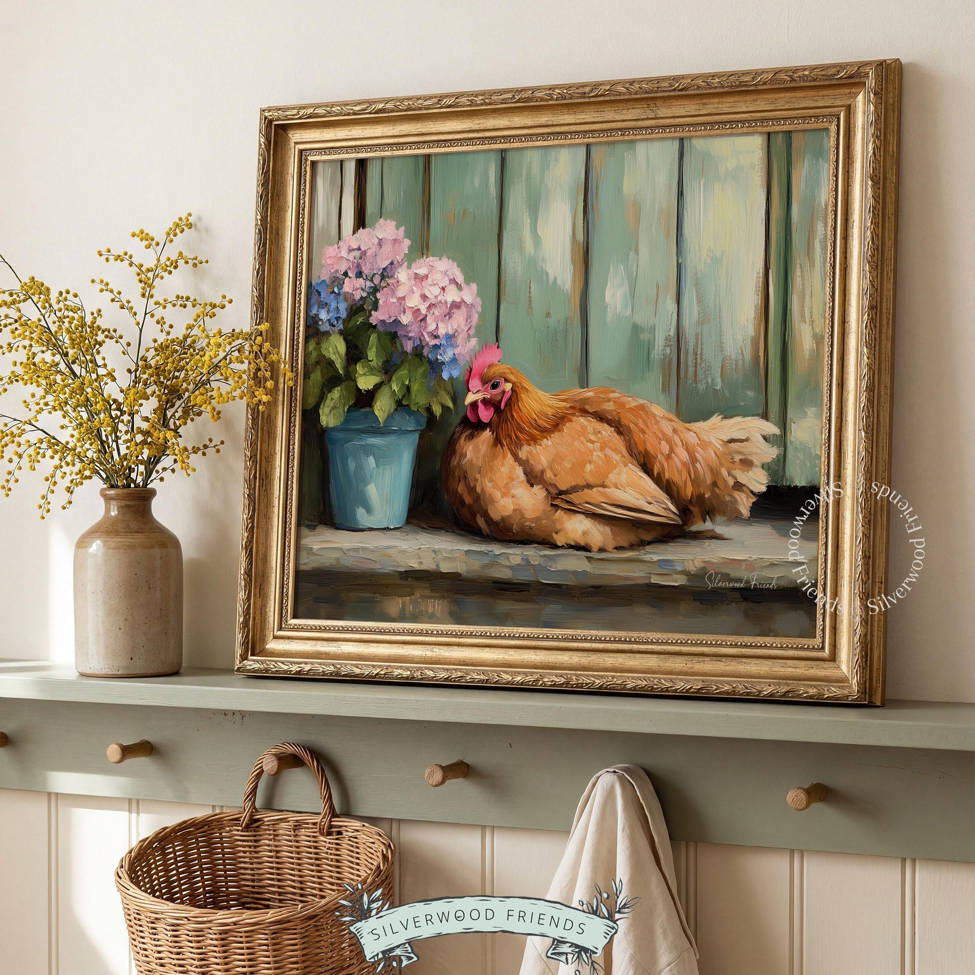 Charming hen digital print for living room — vintage oil painting that adds a rustic allure to any interior space.