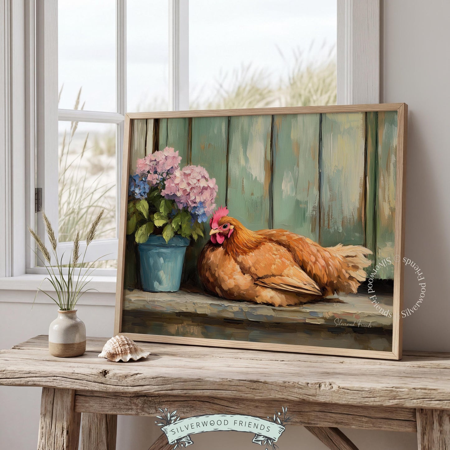 Relaxed hen digital print for rustic home — warm tones and inviting style create a perfect country ambiance.