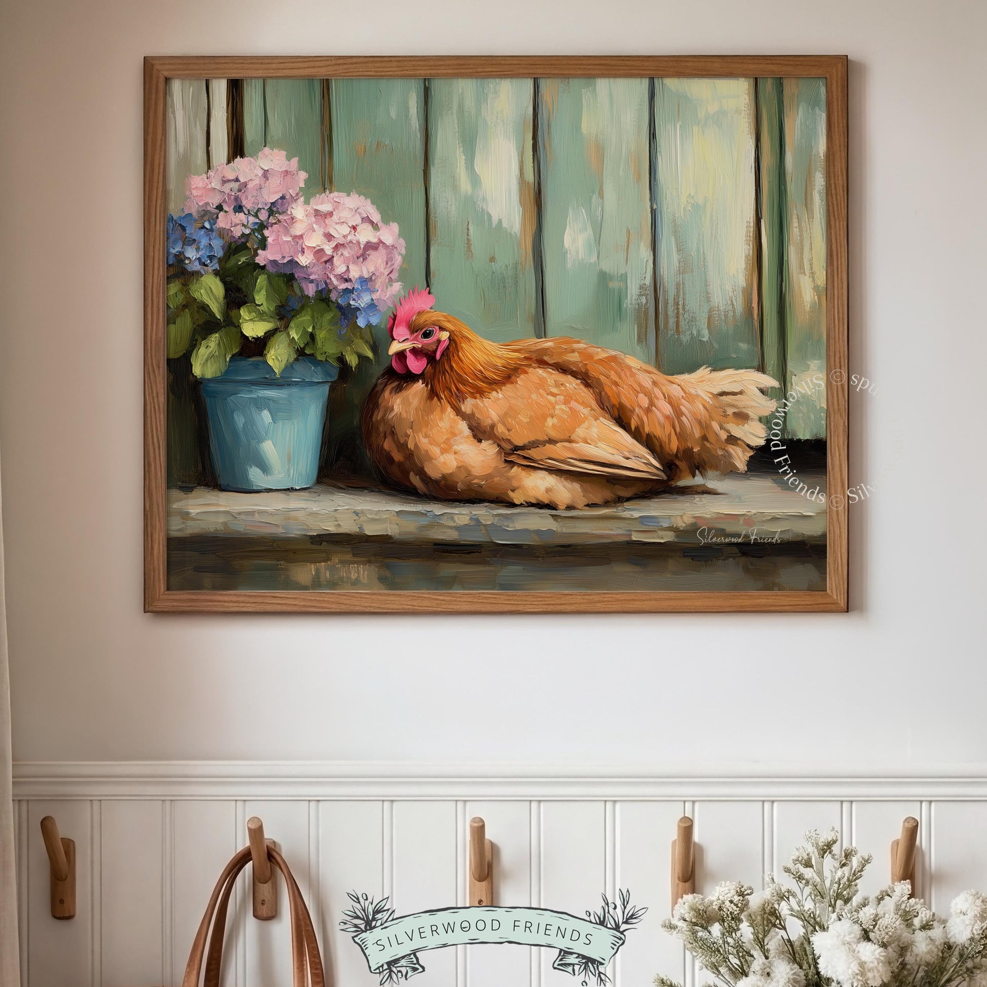 Hen with flowers oil painting for children's room — lovely artwork radiating charm and tranquility in soft pastel shades.
