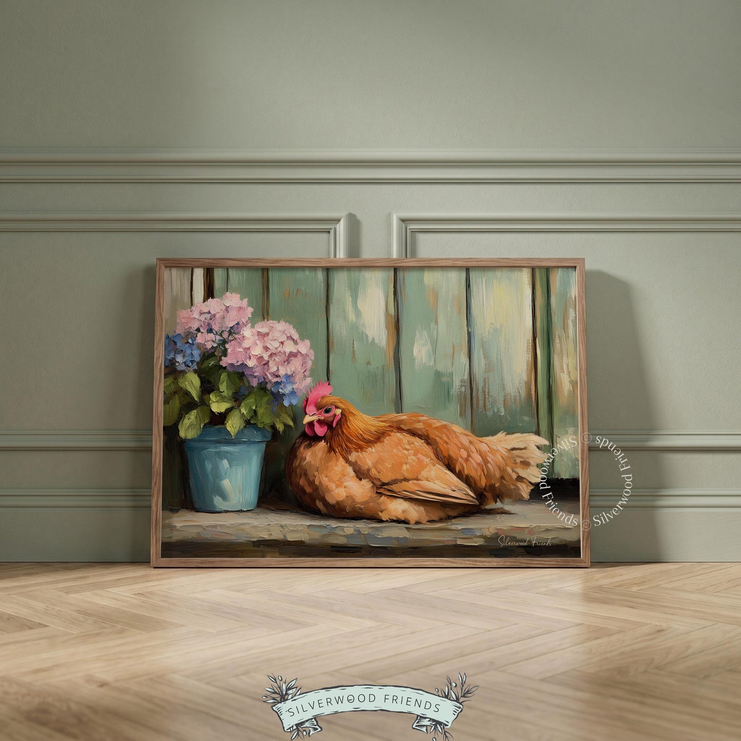 Rustic hen artwork for kids' space — adds a charming touch with its tasteful colors and serene countryside theme.