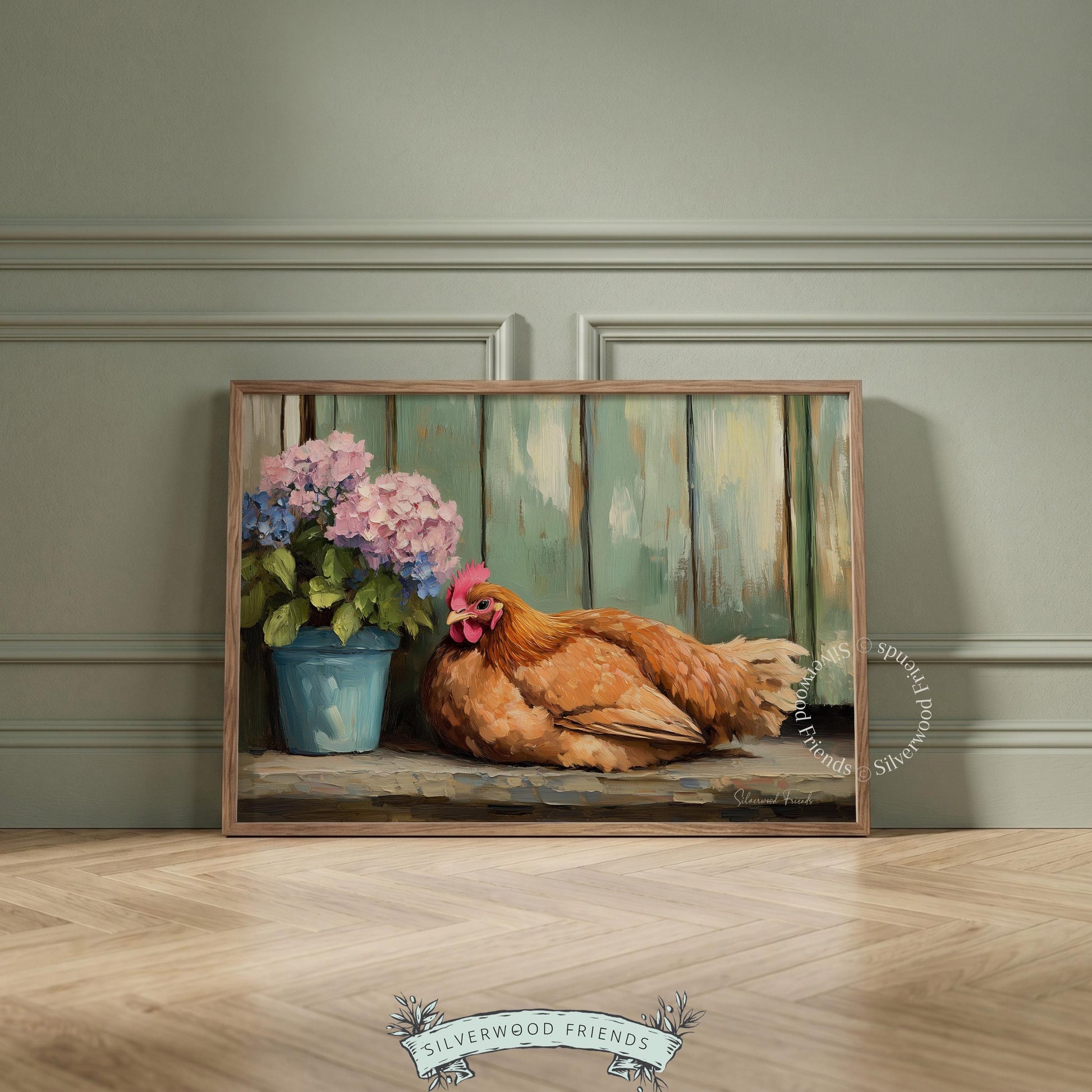 Rustic hen artwork for kids' space — adds a charming touch with its tasteful colors and serene countryside theme.