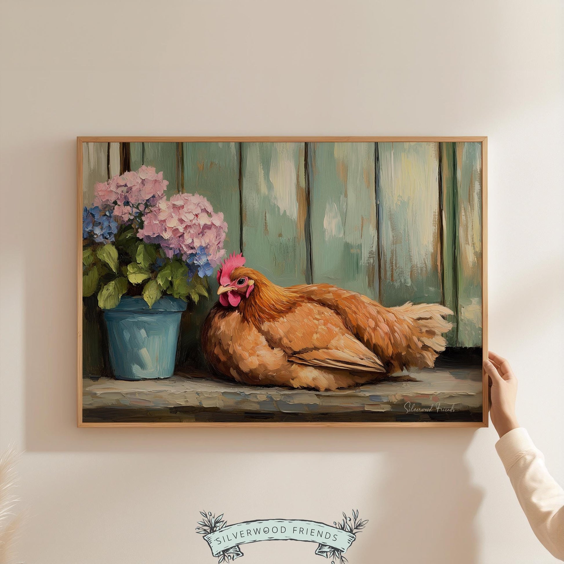 Relaxed brown hen digital download for playroom — warm vintage aesthetic that celebrates cottagecore vibes.