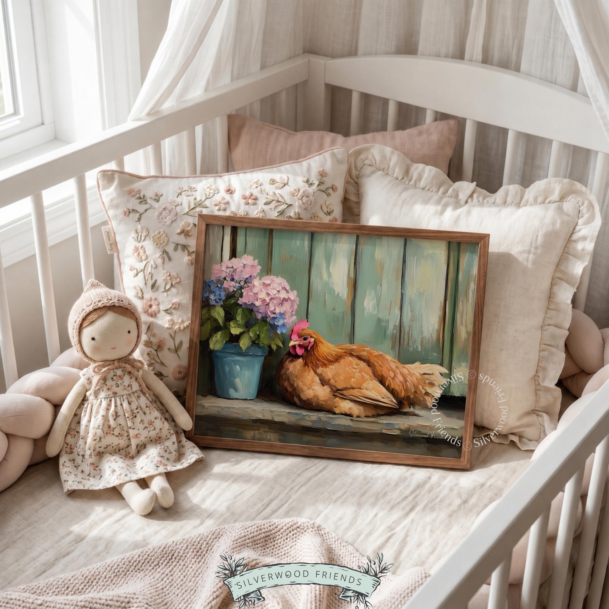 Relaxed hen art poster for dining area — inviting oil painting with soft hues and a charming countryside feel.