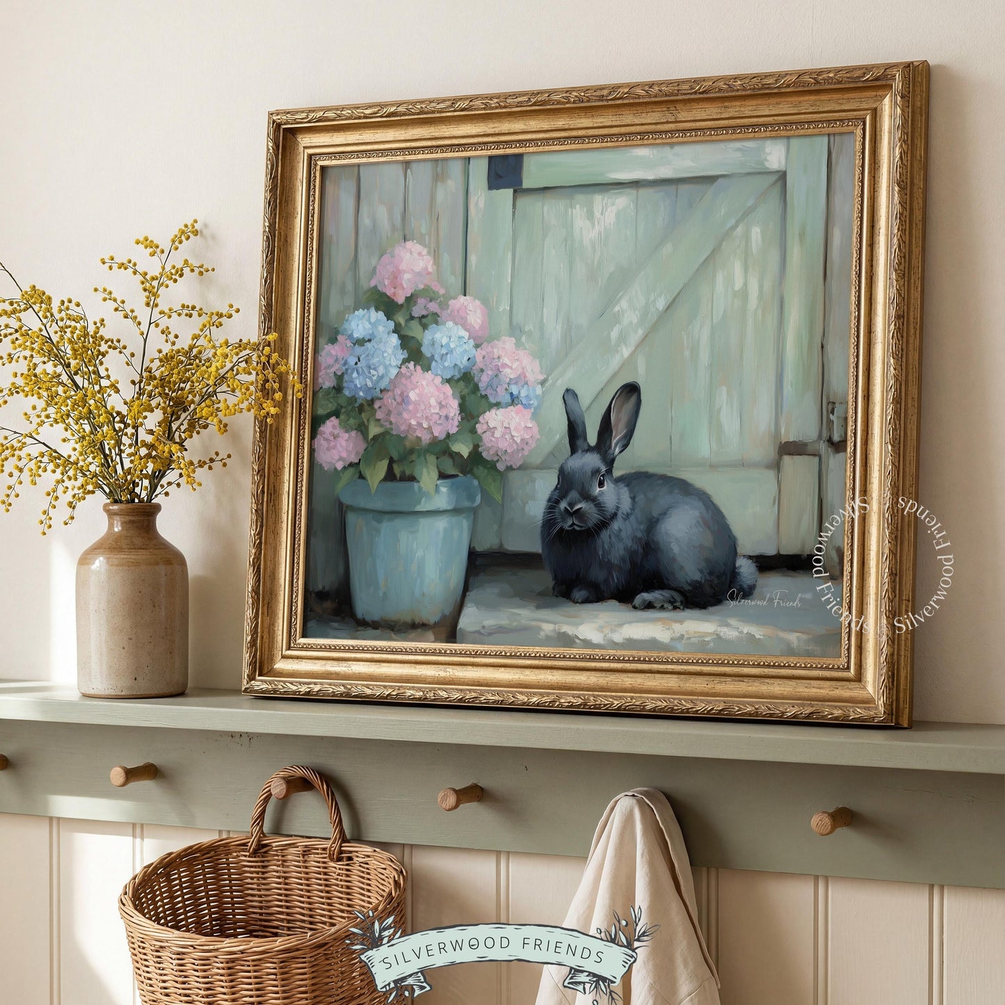 Cozy rabbit wall decor printable for rustic office — features a lifelike bunny with calming floral accents in a soft color palette.