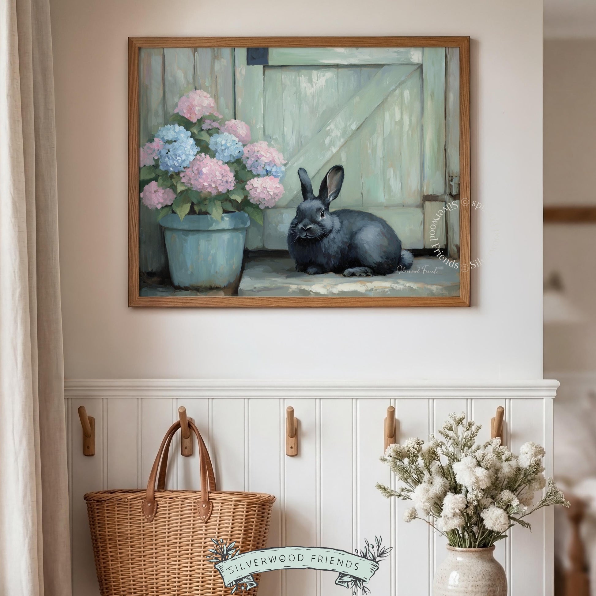 Plump gray-black rabbit wall art for nursery — cozy cottagecore vibe with serene pastel colors and a rustic barn door backdrop.