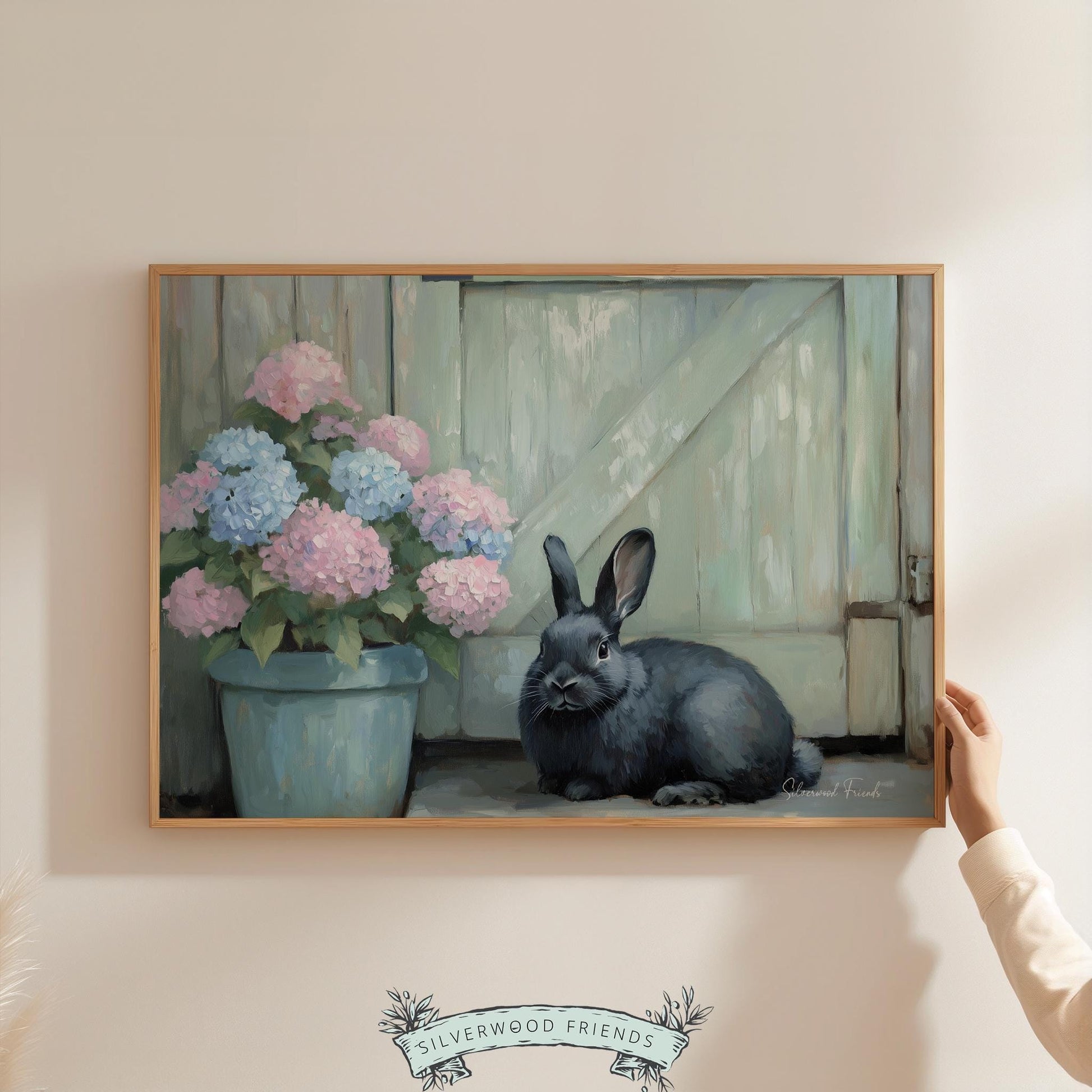 Gray-black rabbit illustration art for rustic den — serene painting with a nostalgic feel, perfect for enhancing cozy spaces.
