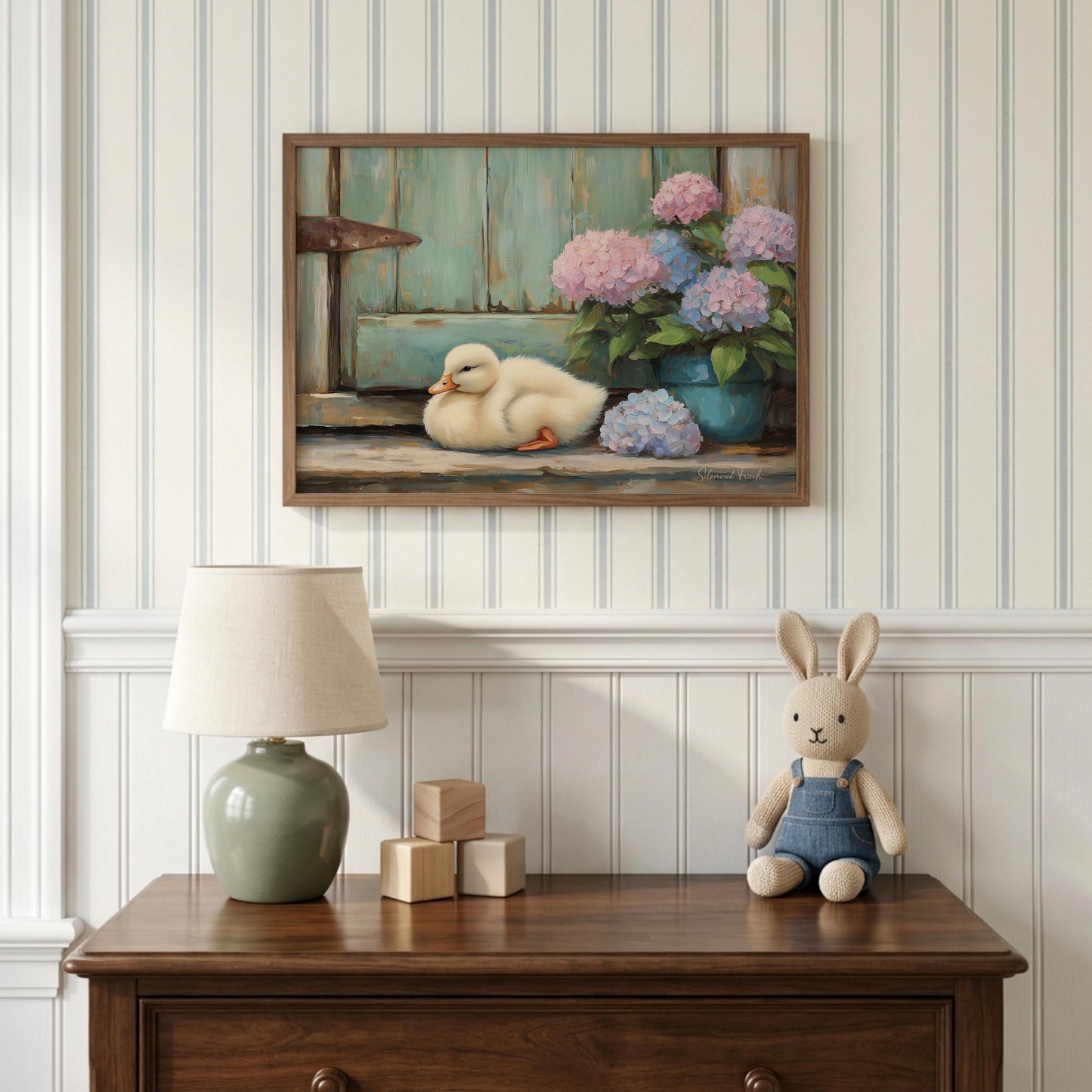 Fluffy duck artwork for entry space — charming vintage aesthetics with calm blues and soft hydrangeas create a welcoming environment.