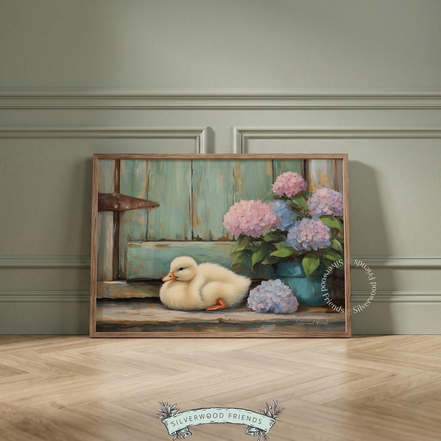Fluffy duck illustration wall art for nursery — charming details and soft colors create a peaceful early childhood setting.