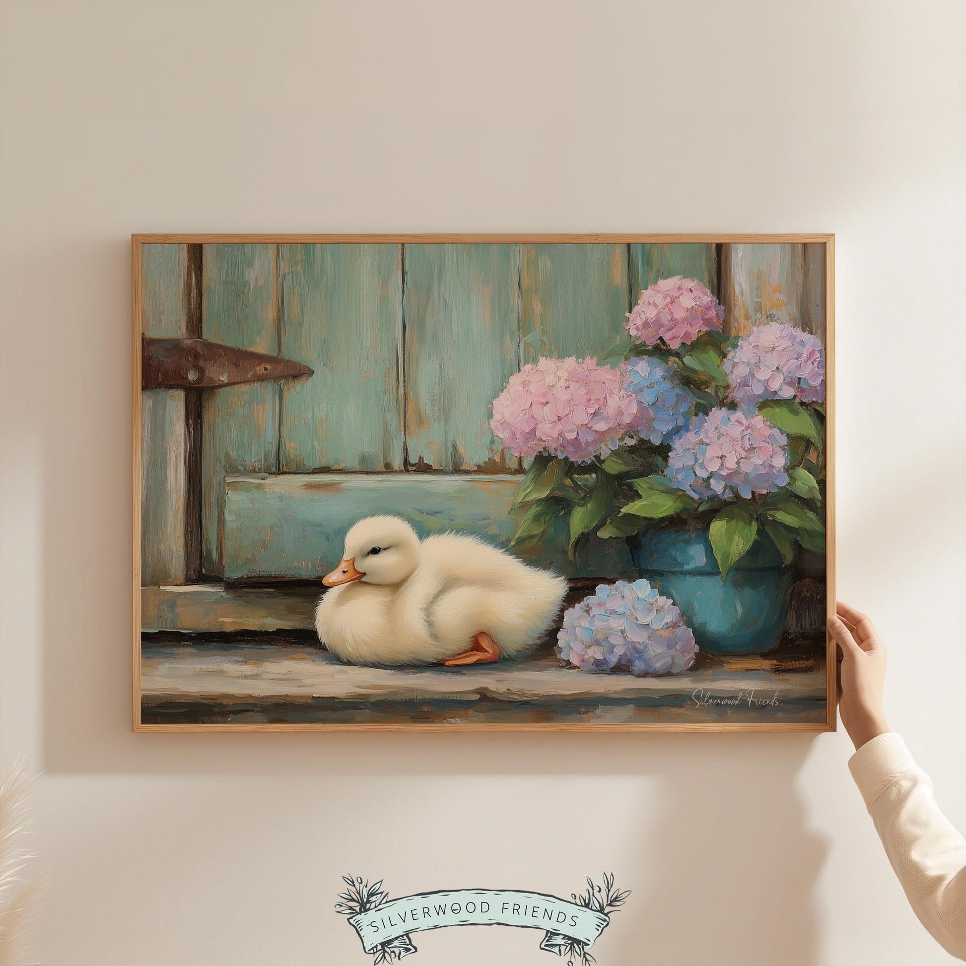 Fluffy duck digital print for cozy den — ideal country artwork, featuring soft pastels and whimsical floral accents.