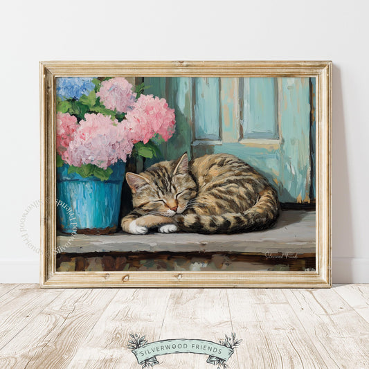 Laid-back tabby cat digital print for family room — serene image exuding warmth and a lovely rustic ambiance with unique details.