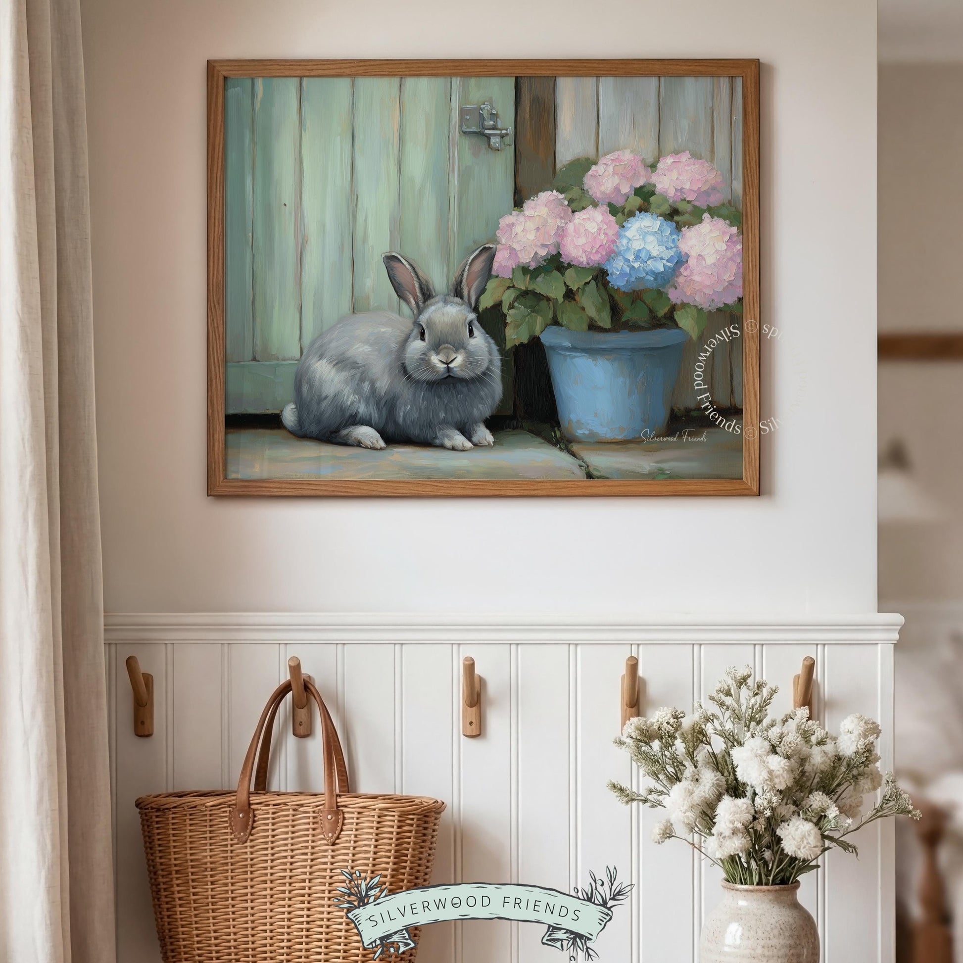 Cozy rabbit wall art for family room — lovely traditional painting with soft brushstrokes and a homely atmosphere.